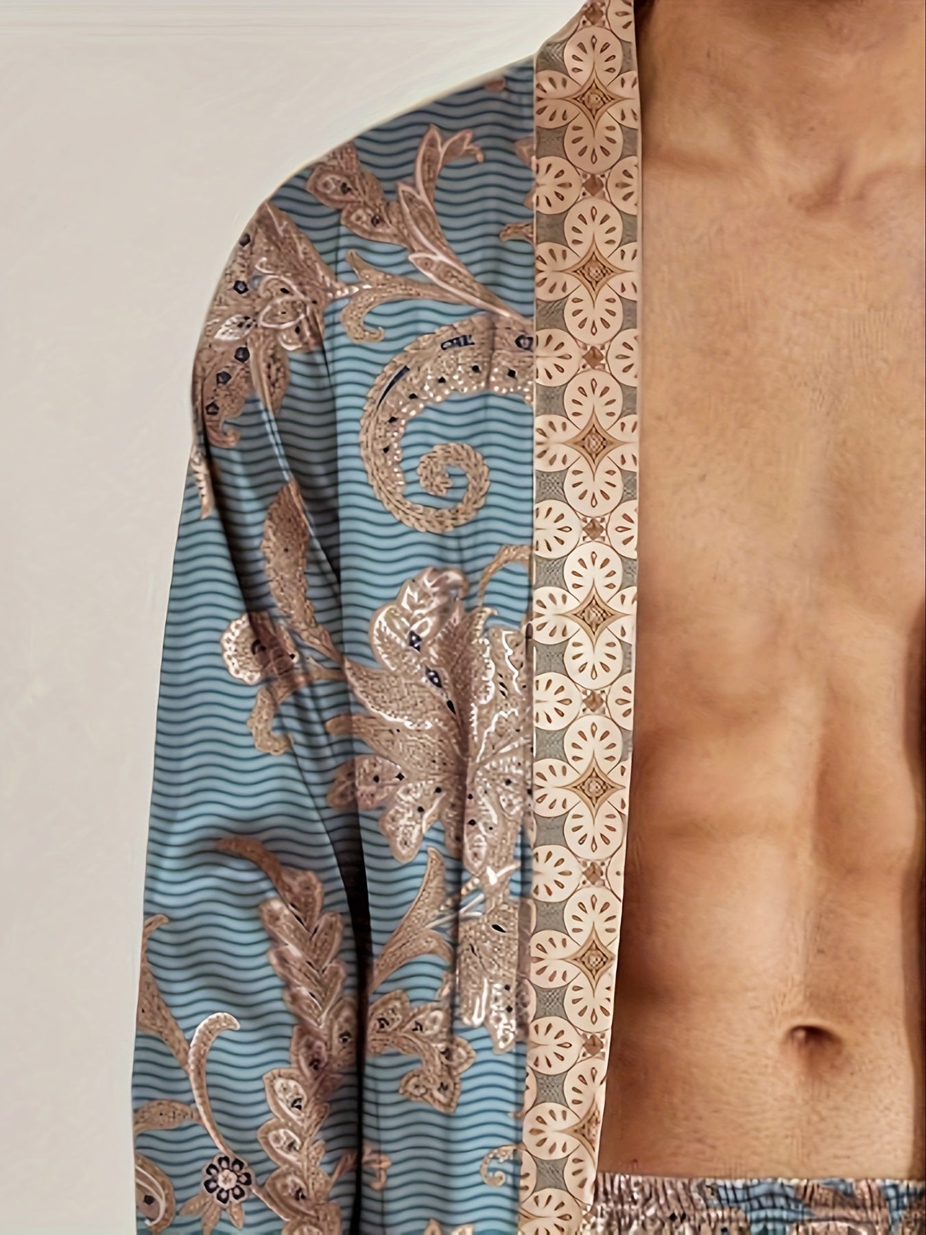 Men's Sleep Robe, Elegant And Light Luxury Pajamas Set, Stylish Gorgeous Floral Print, V-neck Long Sleeve Sleep Robe And Shorts, Sleep Wear Robe Set For Home Wear