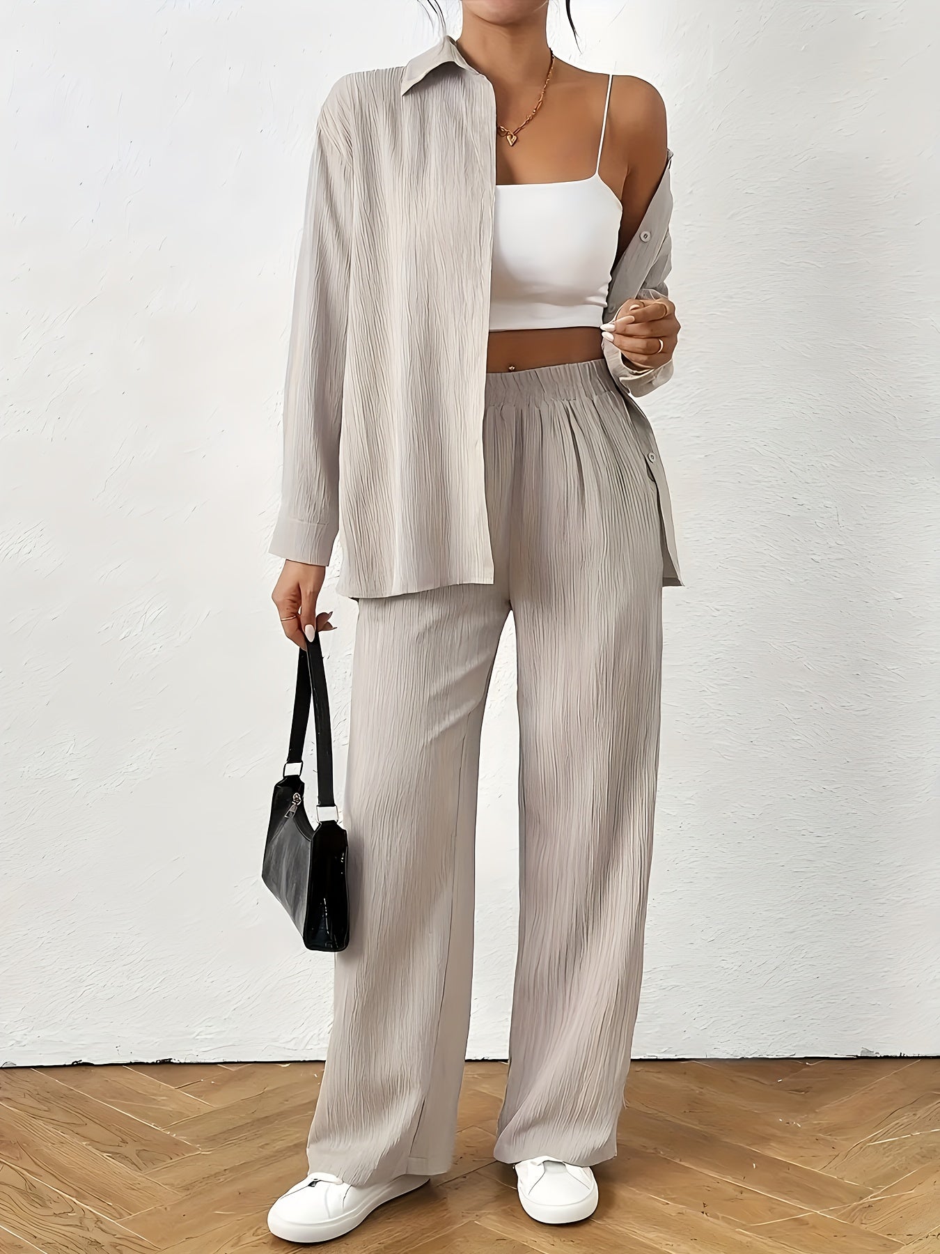 Women'S Casual Solid Color Long Sleeve Shirt + Long Pants 2pcs Set for Spring And Autumn.