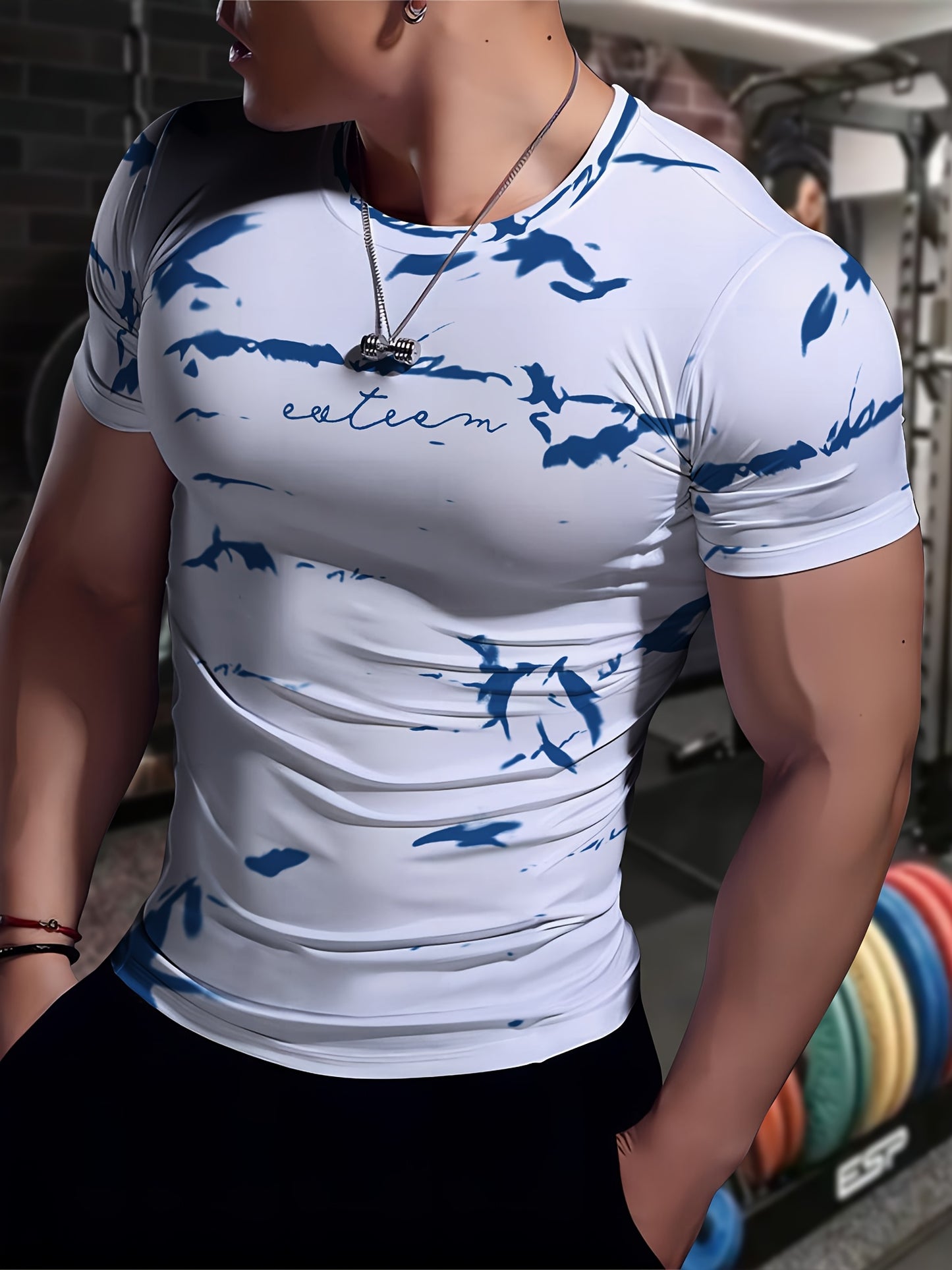 Men's High-Elasticity Anti-Tear Graffiti T-Shirt - Black & White Geometric Print, Tight-Fit Athletic Top for Gym, Running, Yoga & Casual Summer Wear, Gym Clothes, Highelastic Polyester, Short Sleeve Design