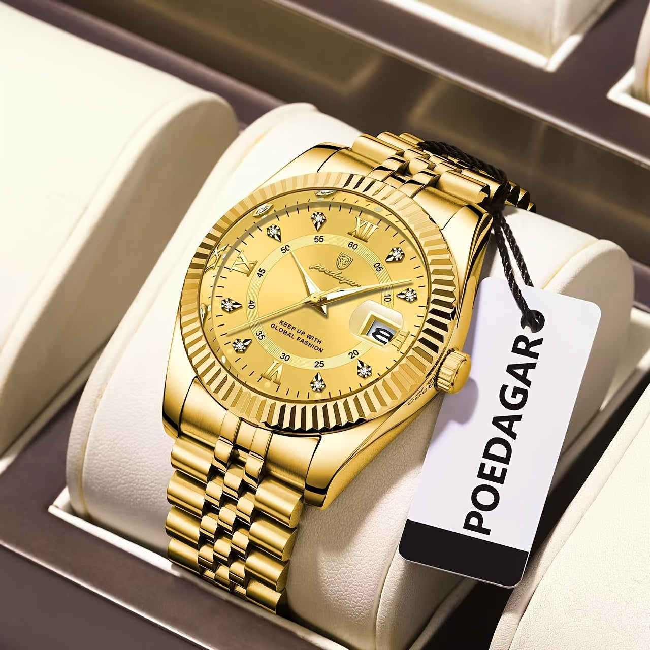 POEDAGAR Luxury Men'S Quartz Watch - Waterproof, Luminous, Stainless Steel Band, Blue & Golden Accents, Date & Week Display, Casual Elegant Timepiece with Backpack Clasp