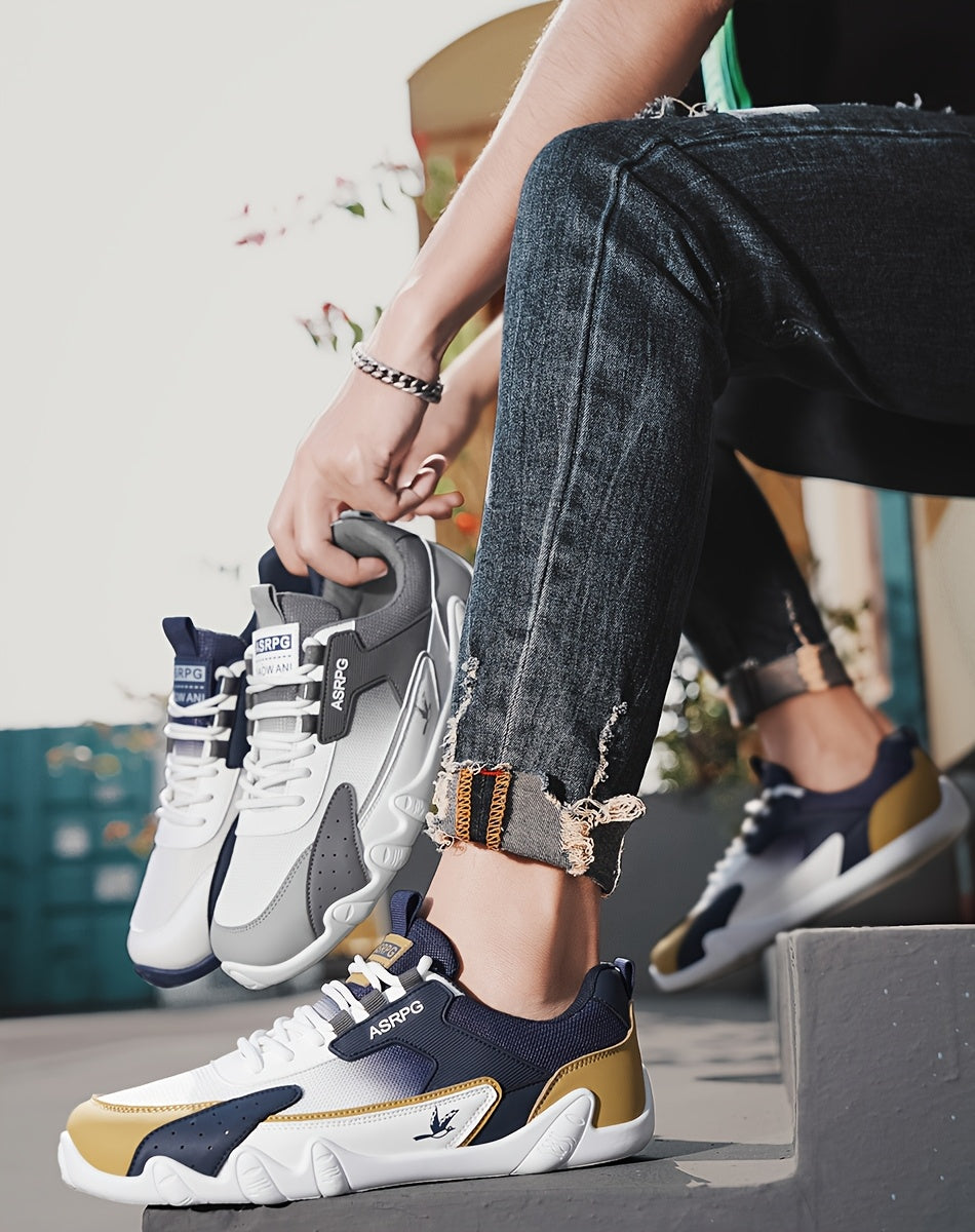 Men's Breathable Low-Top Casual Sneakers - Sporty Lace-Up Walking Shoes with Navy/White/Golden Accents, All-Season Outdoor & Everyday Comfort, Durable Fabric Upper & PVC Sole, Comfortable Footwear, Sleek Shoe Design, Lightwei