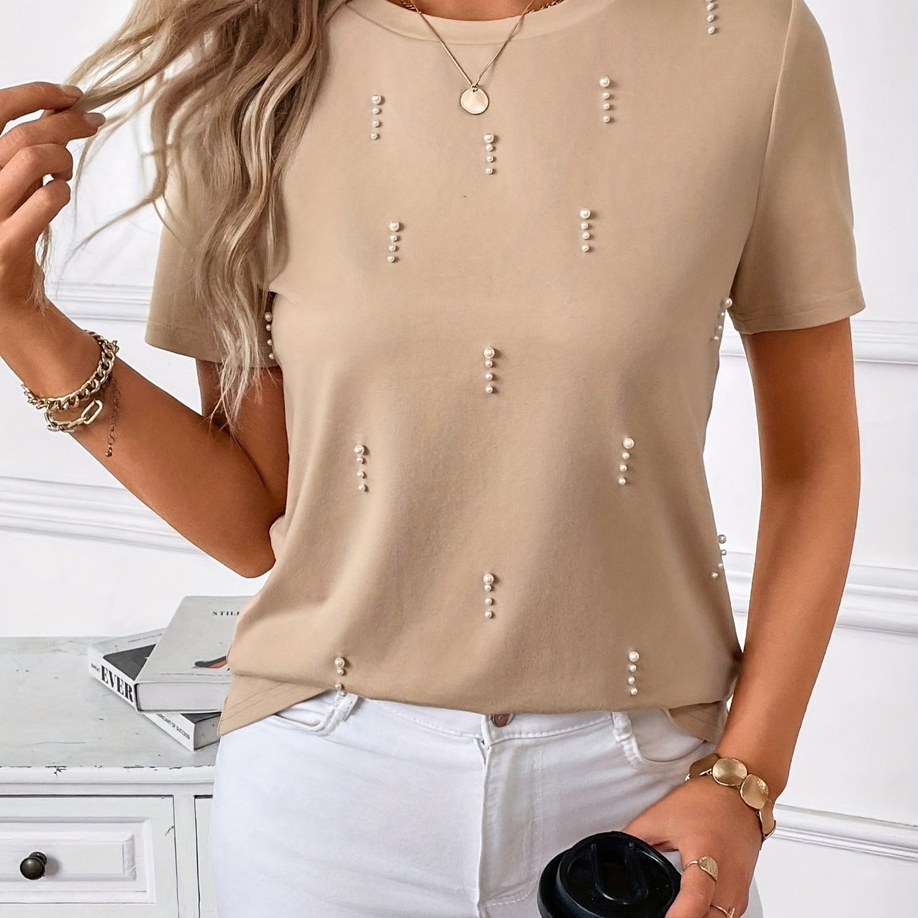 Women'S Beaded Embellished Short Sleeve T-Shirt - Round Neck Casual Top for Spring & Summer, Lightweight Polyester Blend, Elegant Beaded Detailing, Perfect for Casual Attire