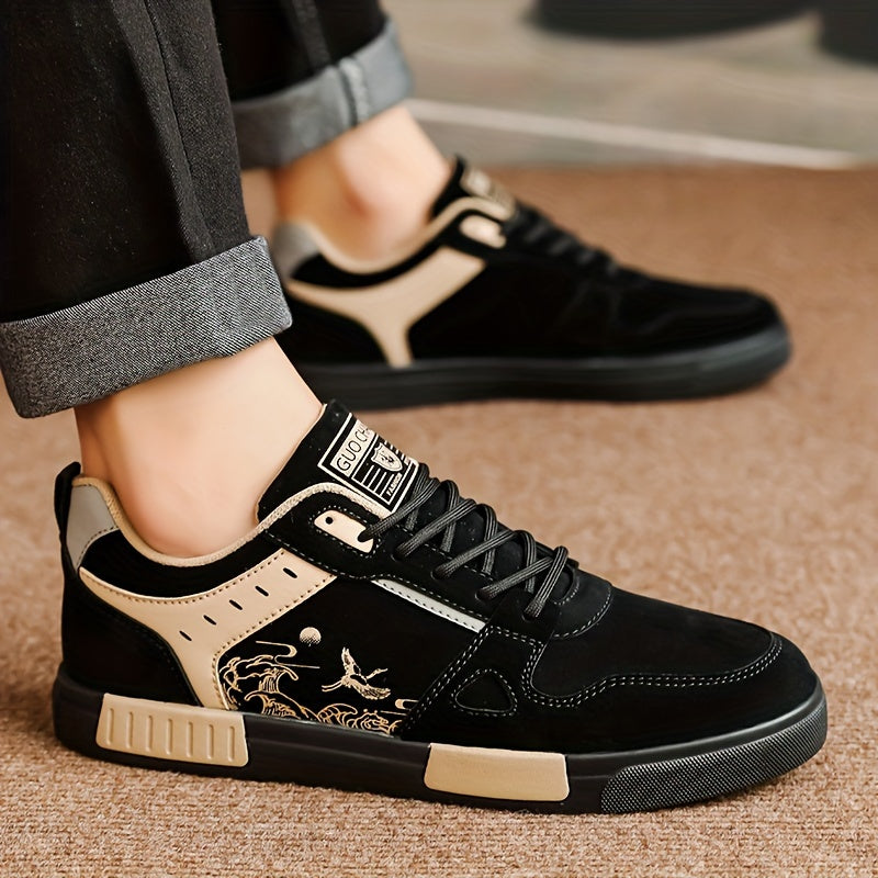 Men's Spring Collection Black and Beige Casual Sneakers - Anti-Slip, Odor-Resistant, Thick Rubber Sole for Height Boost, Lace-Up Sports Shoes with Fish Design