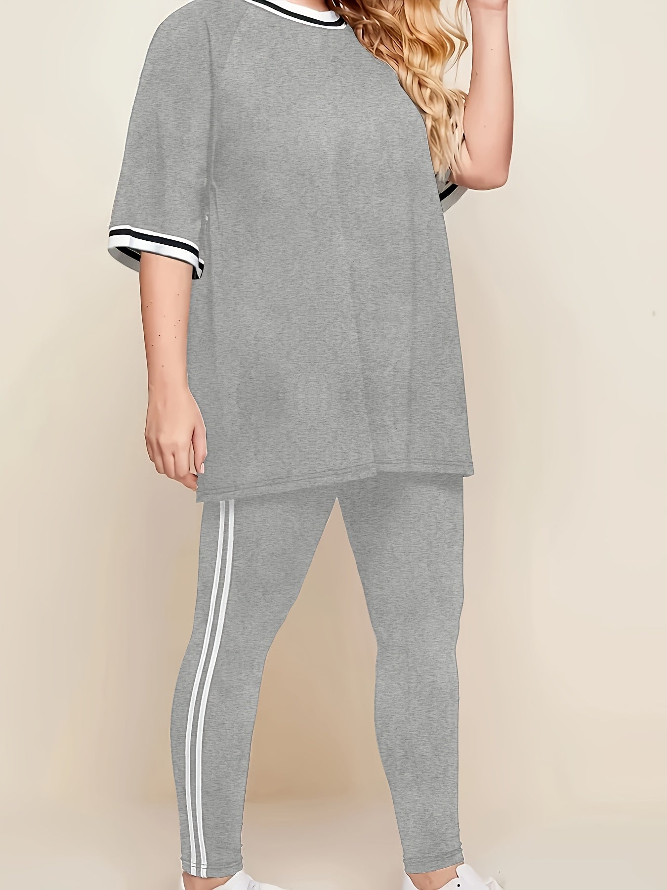 Women'S Plus Size Casual Lounge Set - Gray & White Striped Oversized T-Shirt with Matching Joggers, Comfortable All-Season Home Outfit, Joggers for Women