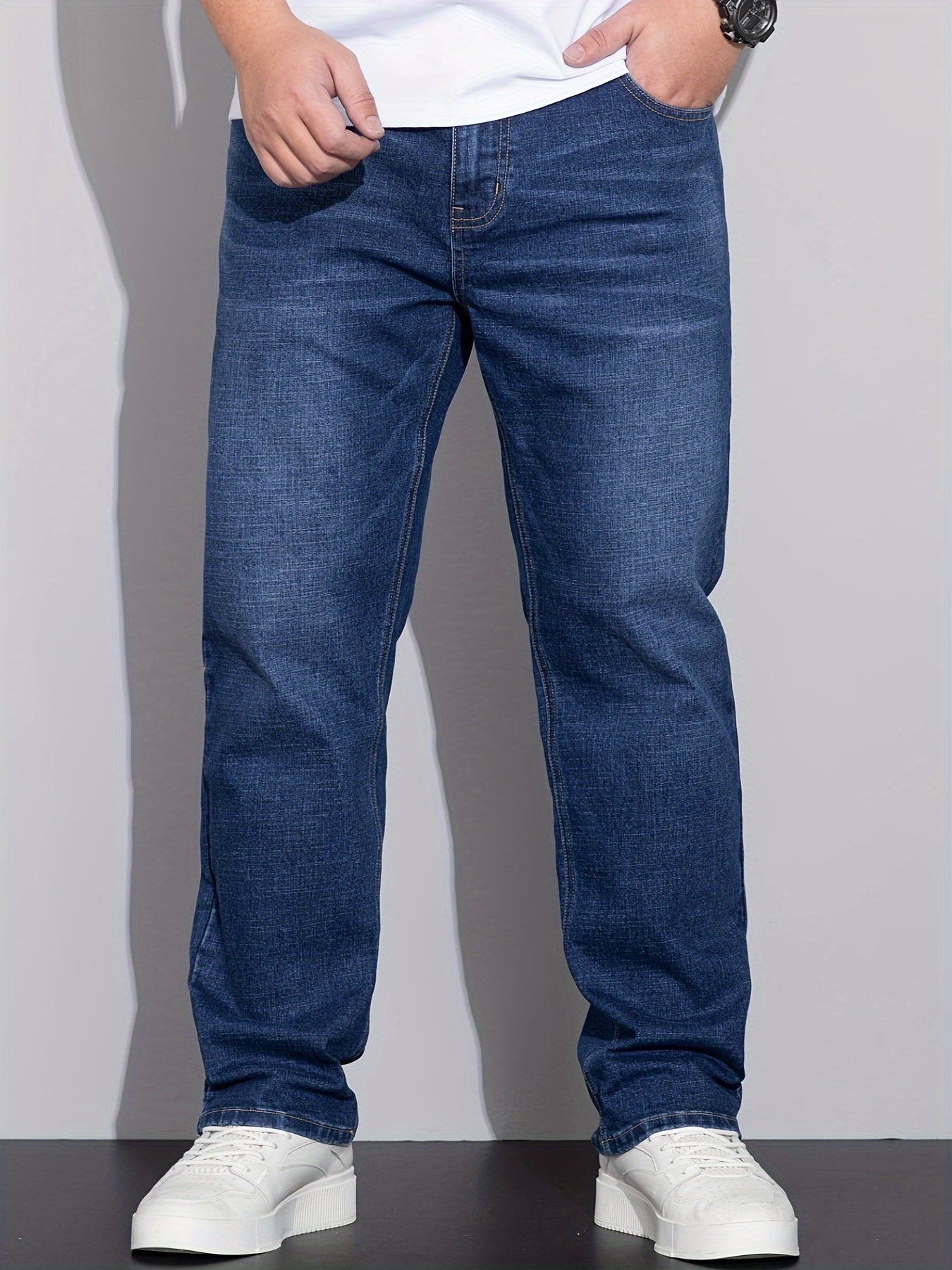 Men's Plus Size Loose Fit Stretchy Cotton Denim Pants, Lightweight Business Casual Jeans For All Seasons
