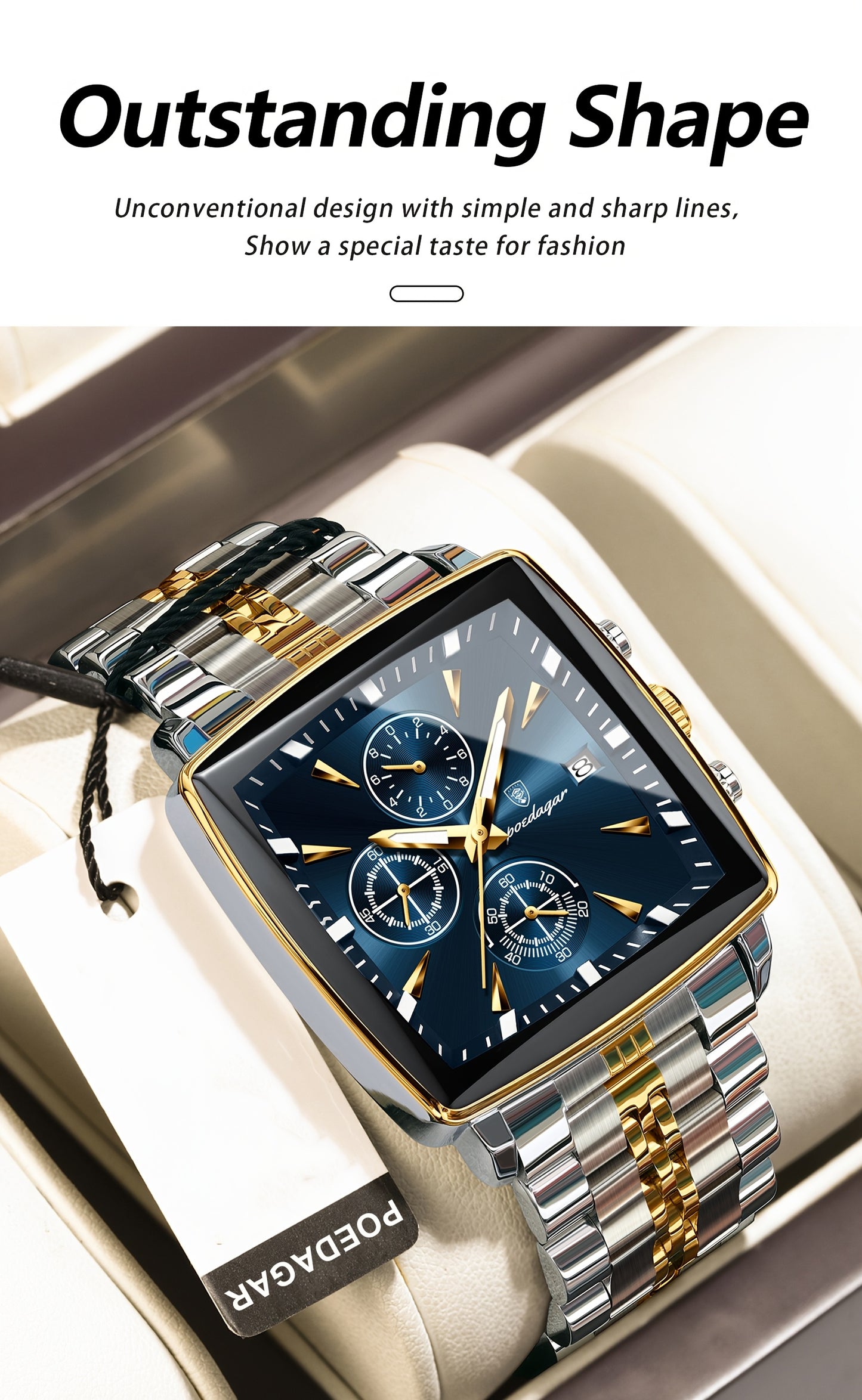 POEDAGAR Men's Stainless Steel Luminous Watch - Blue Dial Chronograph, High Quality Quartz Movement with Date Calendar, Golden-Tone Accents for Business Casual & Casual Attire, Formal Accessory, Stylish Accessory, Refined Cra