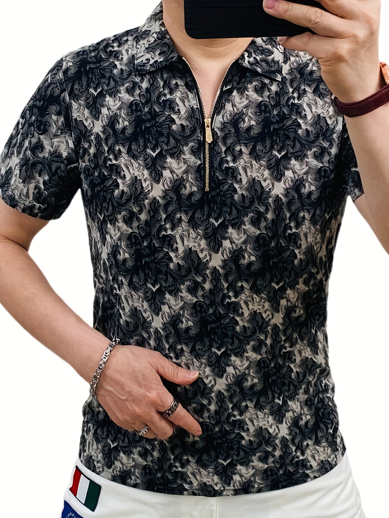 Men's Short Sleeve Shirt with Zipper Front - Black & White Floral Print Summer Casual T-Shirt, Breathable Stand Collar, Regular Fit for Casual Attire, Easy Care Fabric