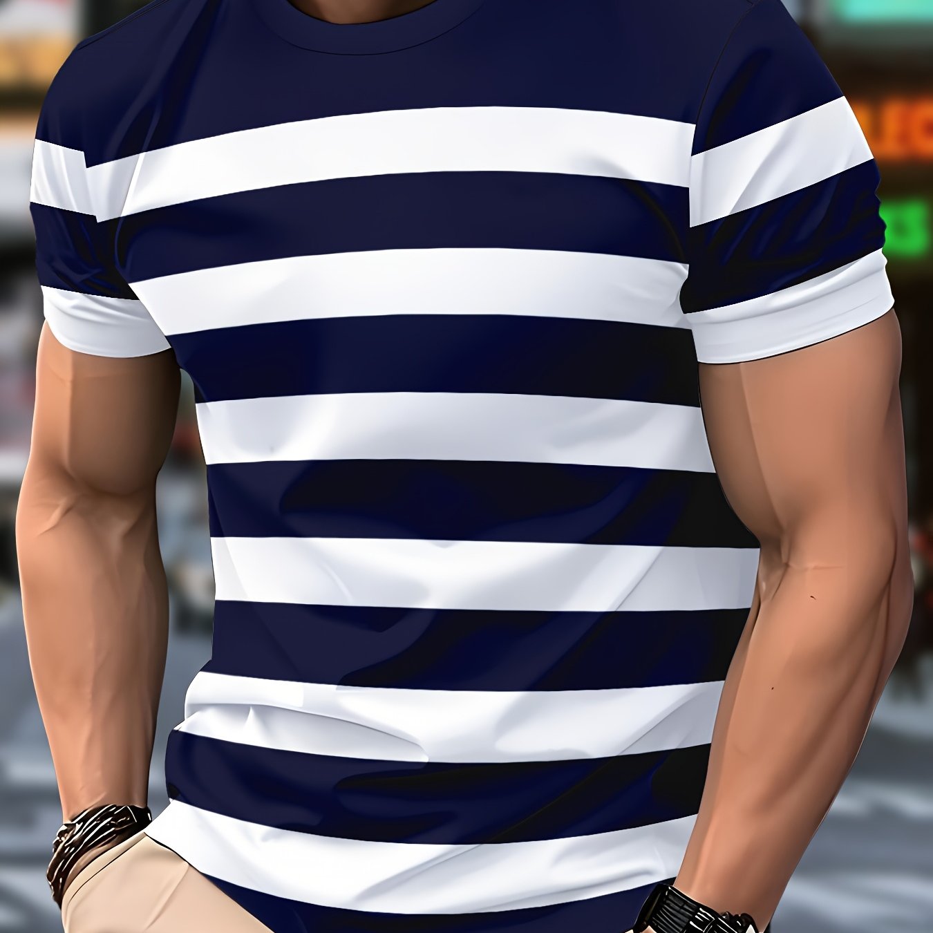 Men'S Casual Striped Short Sleeve T-Shirt - Navy Blue & White Vertical Stripes, Crew Neck, Regular Fit, Lightweight Polyester Fabric, Perfect for Casual Attire, Everyday Tshirt | Classic Striped Tee | Lightweight Shirt
