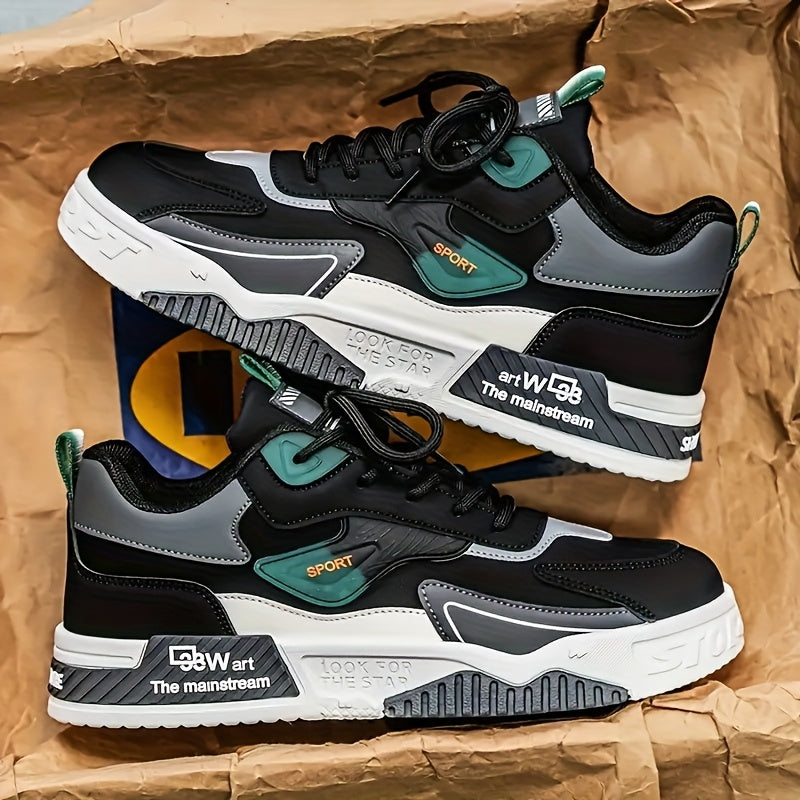 Men's Low-Top Skate Sneakers - Black with Teal Accents, PU Upper & PVC Sole, Slip-Resistant Comfortable Lace-Up Shoes for Urban Streetwear, Outdoor Sports, All-Season Casual Wear, Skate Shoes, Modern Street Style, Durable Fab
