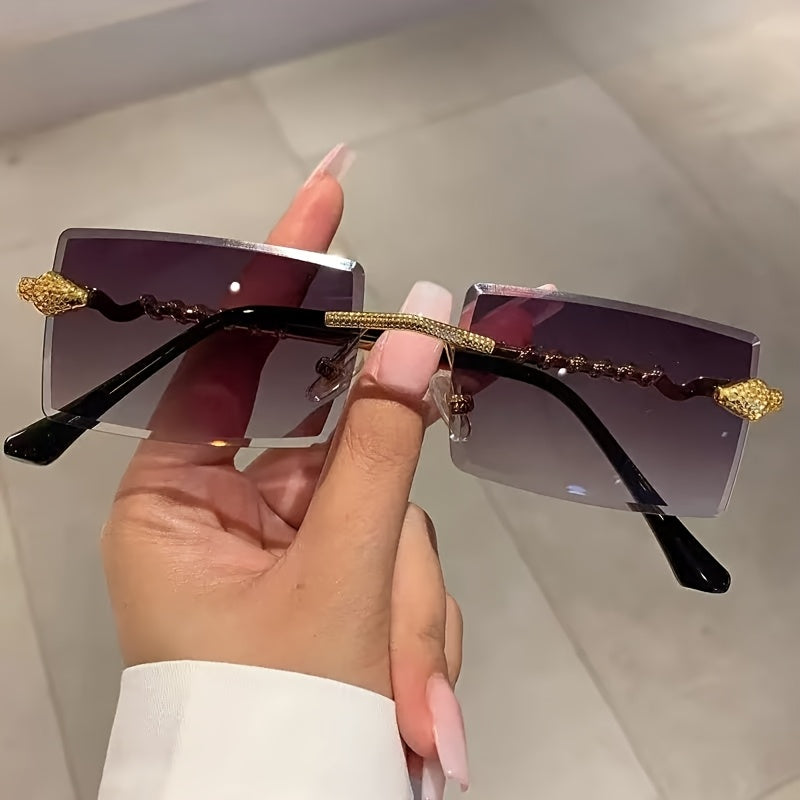 1 Pair Men's Frameless Rectangular Fashion Glasses with Golden Snake-Light Beige Metal Temples - Wide Fit (>139mm), Decorative Lens, Casual Fashion Accessories for Halloween/Christmas/Mother’s Day, Trendy Eyewear, Snake Pat