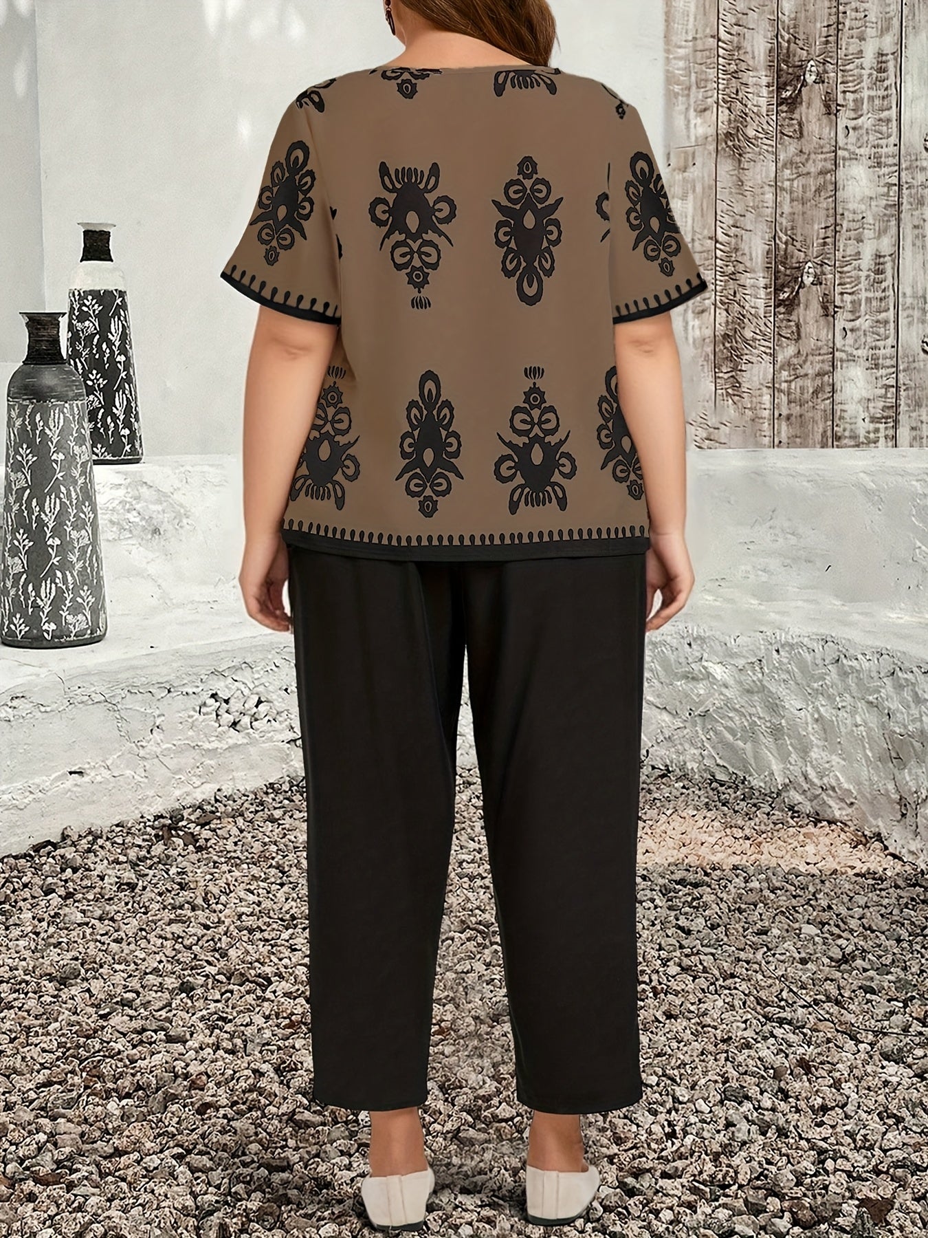 Plus Size Casual Country Print Loose Long Sleeve Pullover and Pants Two-Piece Set, Elegant Autumn Leonie