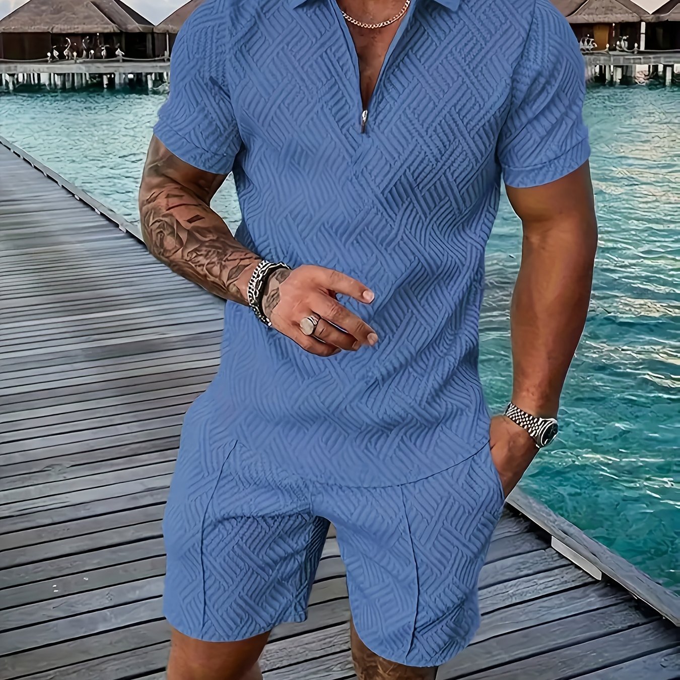 Men'S Tropical Print Casual Suit - Black Short Sleeve Zipper Shirt with White Pockets Shorts, Polyester, Machine Washable, Summer Beachwear, Summer Wear | Relaxed Fit Shirt | Woven Texture