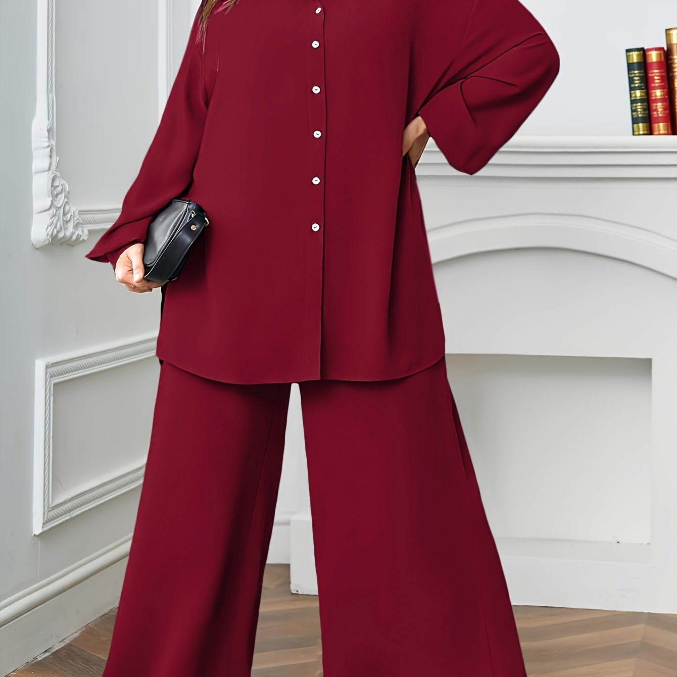 Elegant Plus Size Women'S Two-Piece Set: Stylish V-Neck Blouse & Wide Leg Pants - Perfect for Formal Occasions, Plus Size Blouses