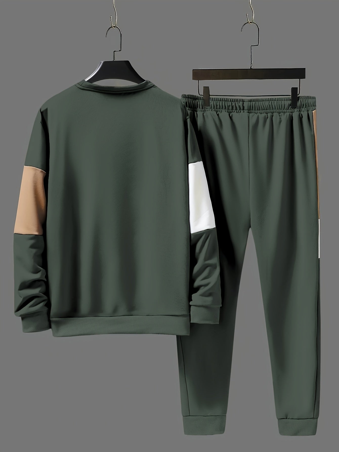 Men's Casual Crew Neck Sweatshirt & Joggers Set - Color Block, Polyester Blend, Machine Washable - Perfect for Spring/Fall, Leisure Style, Conventional Version, Spring/Autumn
