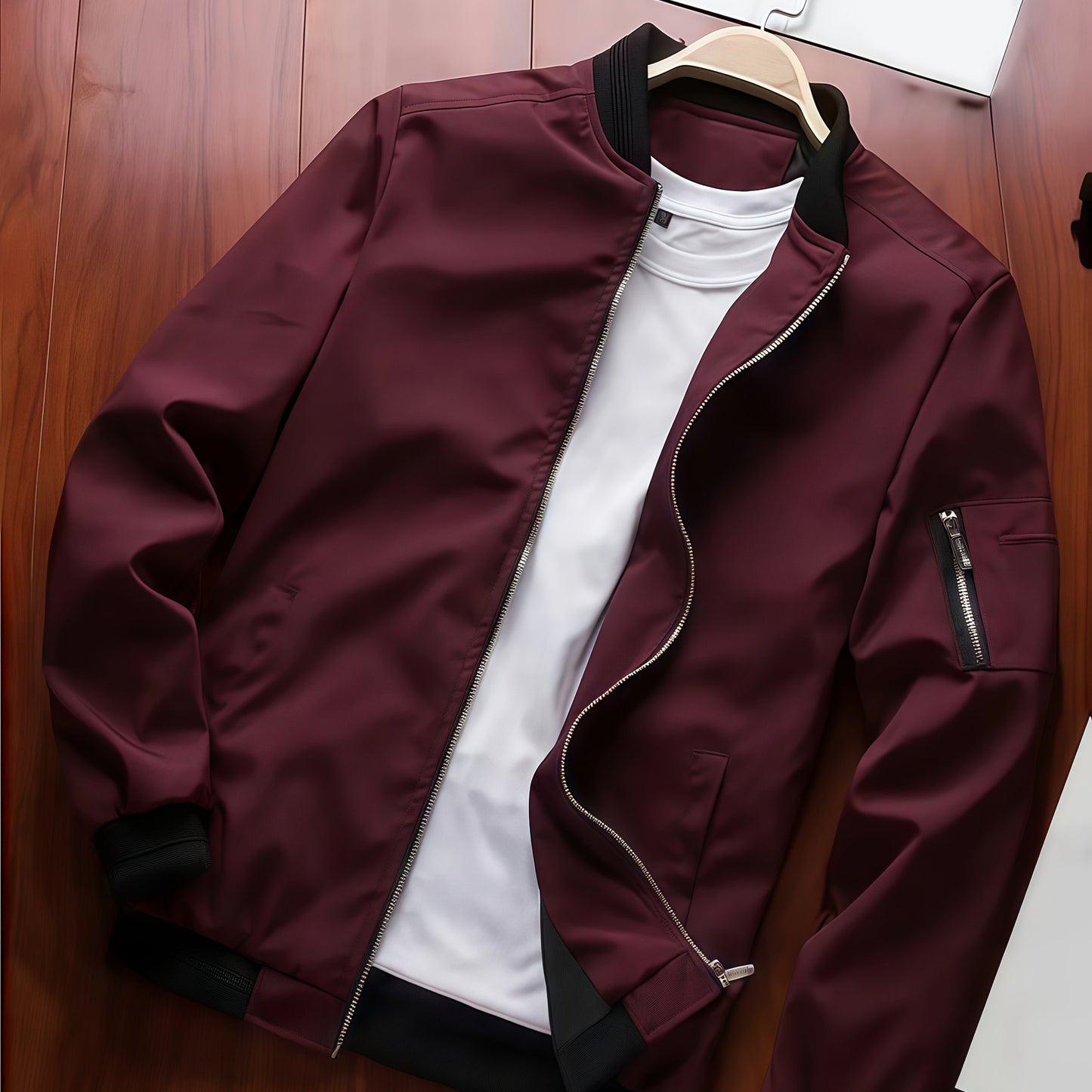 Men'S Casual Bomber Jacket - Maroon Zip-Up Baseball Coat with Black Trim, Long Sleeves, and Front Pockets for Casual Attire, Casual Outerwear | Stylish Casual Jacket | Polyester Lining