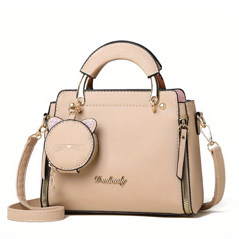 Women'S Fashion 2023 Embroidered Cat Design Messenger Bag, Removable Strap, Zipper Closure, Polyester Lined, Casual Shoulder Handbag with Edge Paint Detail