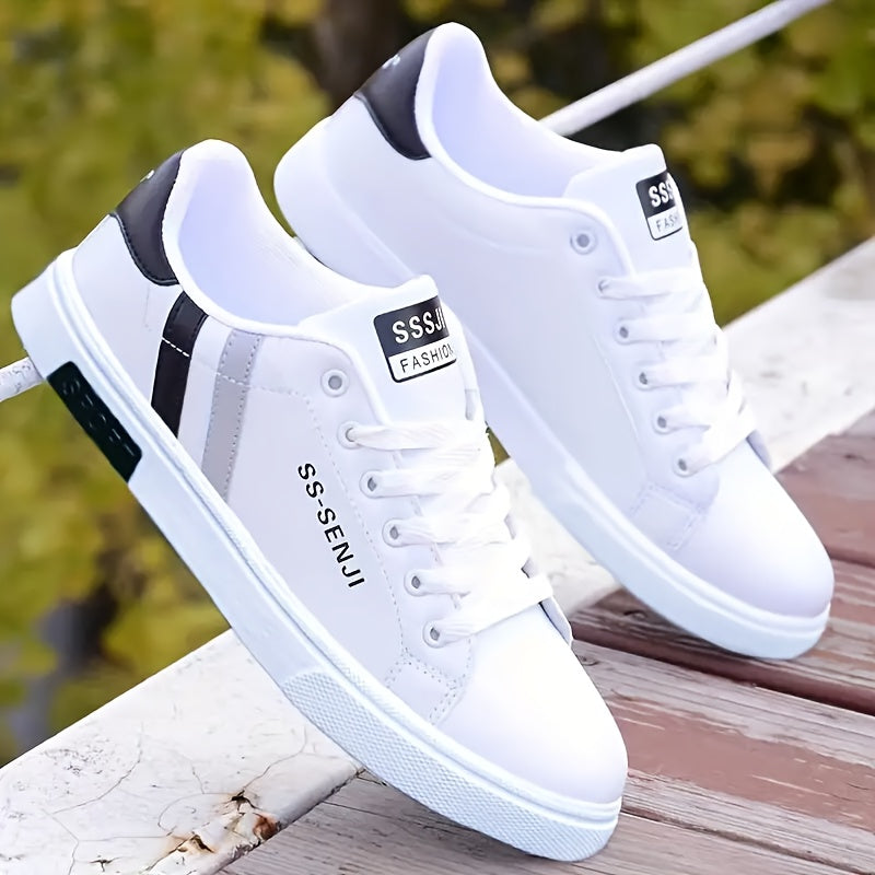 Men'S Fashion Sneakers, White PU Low Top Lace-up Casual Walking Shoes, Solid Striped Design, Breathable Non-Slip, All-Season, Round Toe, Fabric Inner, PVC Sole, Cloth Insole - Preppy Vintage Style