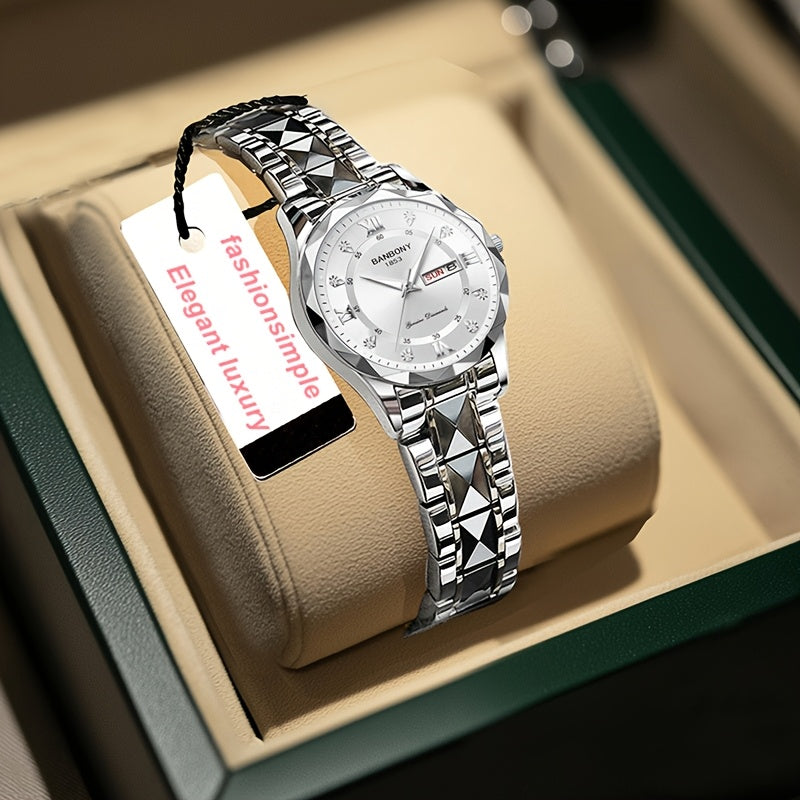 1pc Elegant BANBONY Stainless Steel Women'S Watch with Sparkling Rhinestones, Double Calendar, Glow-in-the-Dark Display, Waterproof - Ideal Gift for Birthdays, Anniversaries, and Special Occasions, Luxury Accessory | Elegant