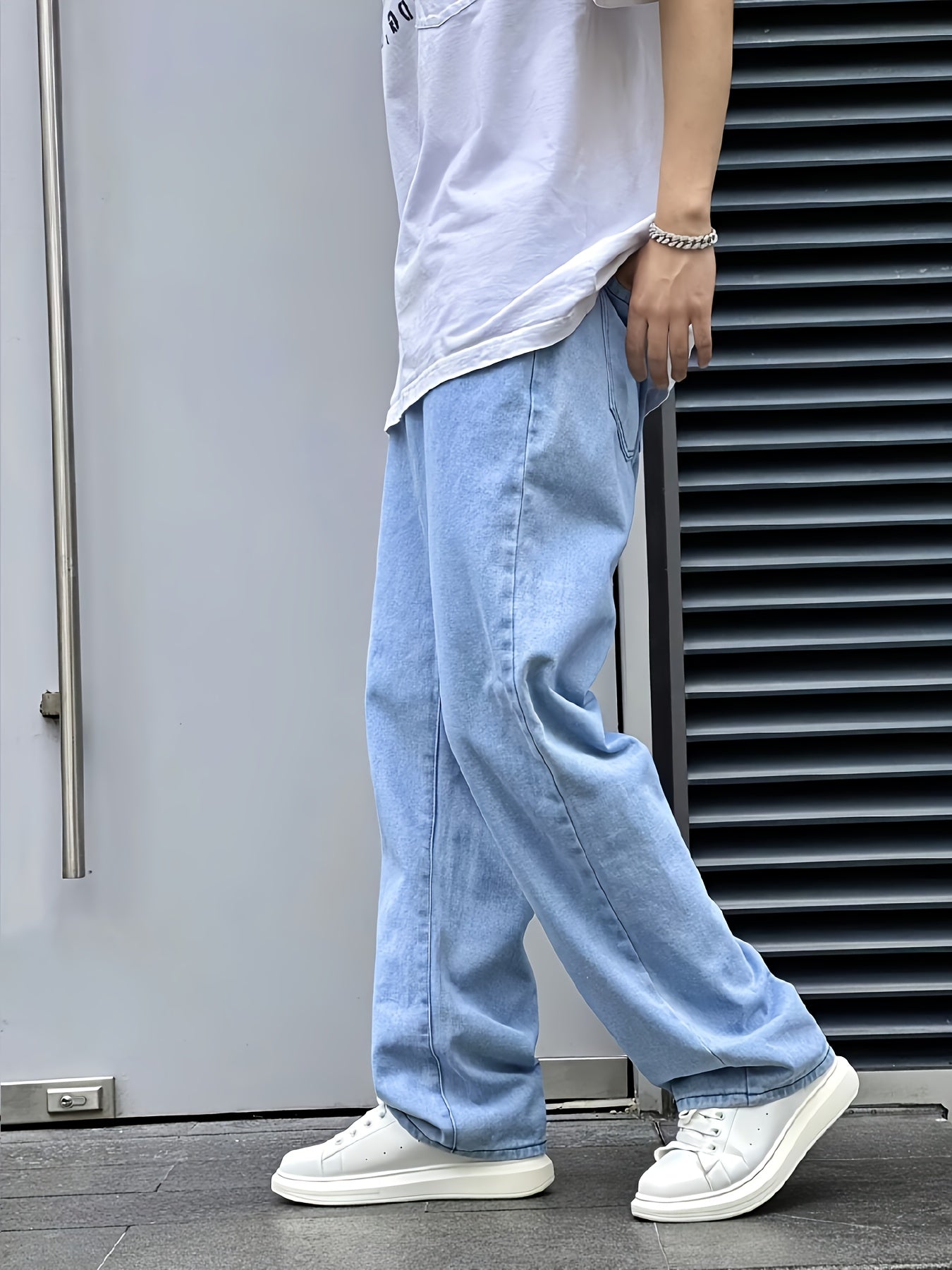 Men's Loose Fit Light Blue Denim Jeans - Straight Leg, Slant Pockets, Non-Stretch Cotton Blend, Casual Street Style for All Seasons