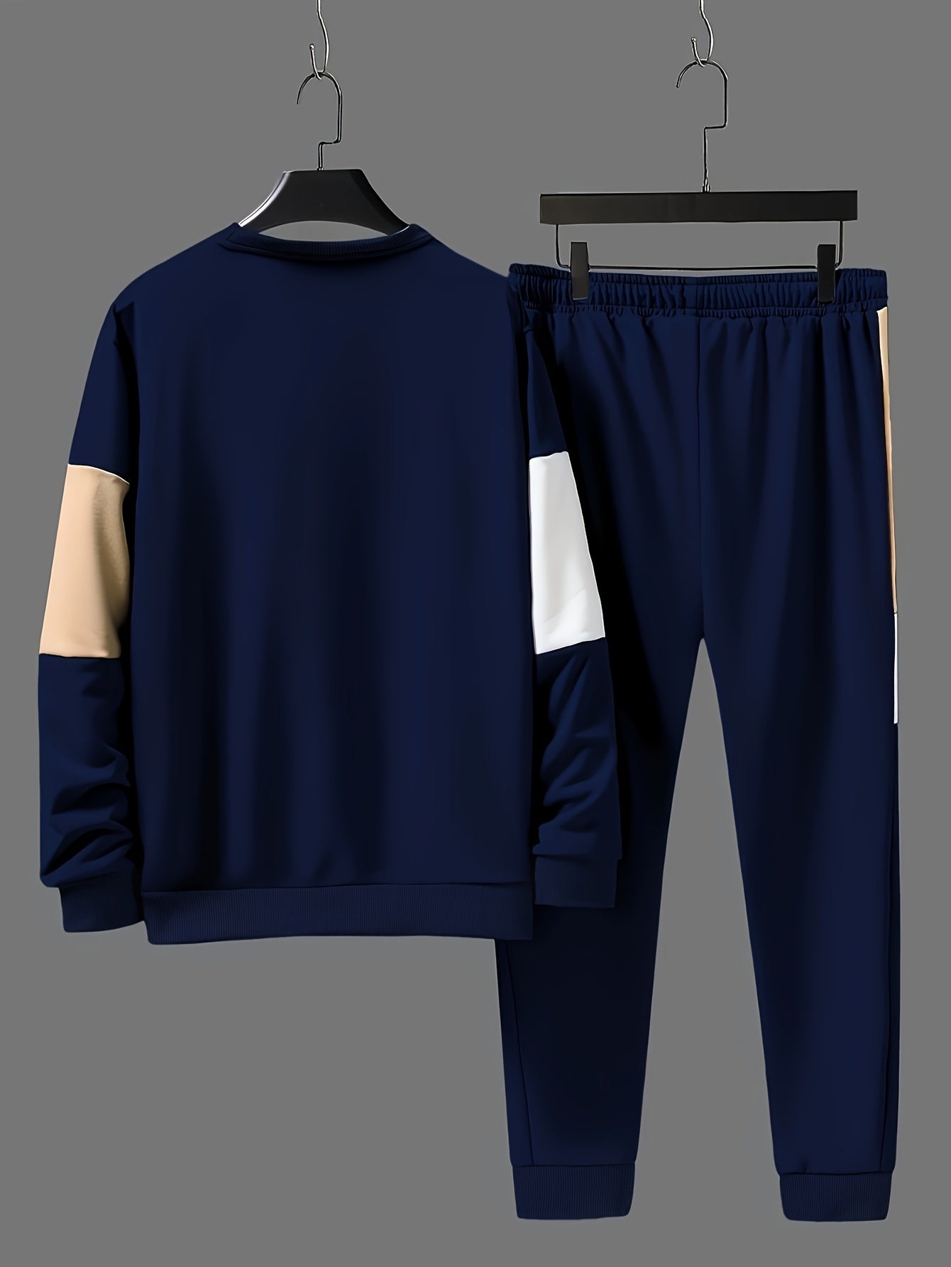 Men's Casual Crew Neck Sweatshirt & Joggers Set - Color Block, Polyester Blend, Machine Washable - Perfect for Spring/Fall, Leisure Style, Conventional Version, Spring/Autumn