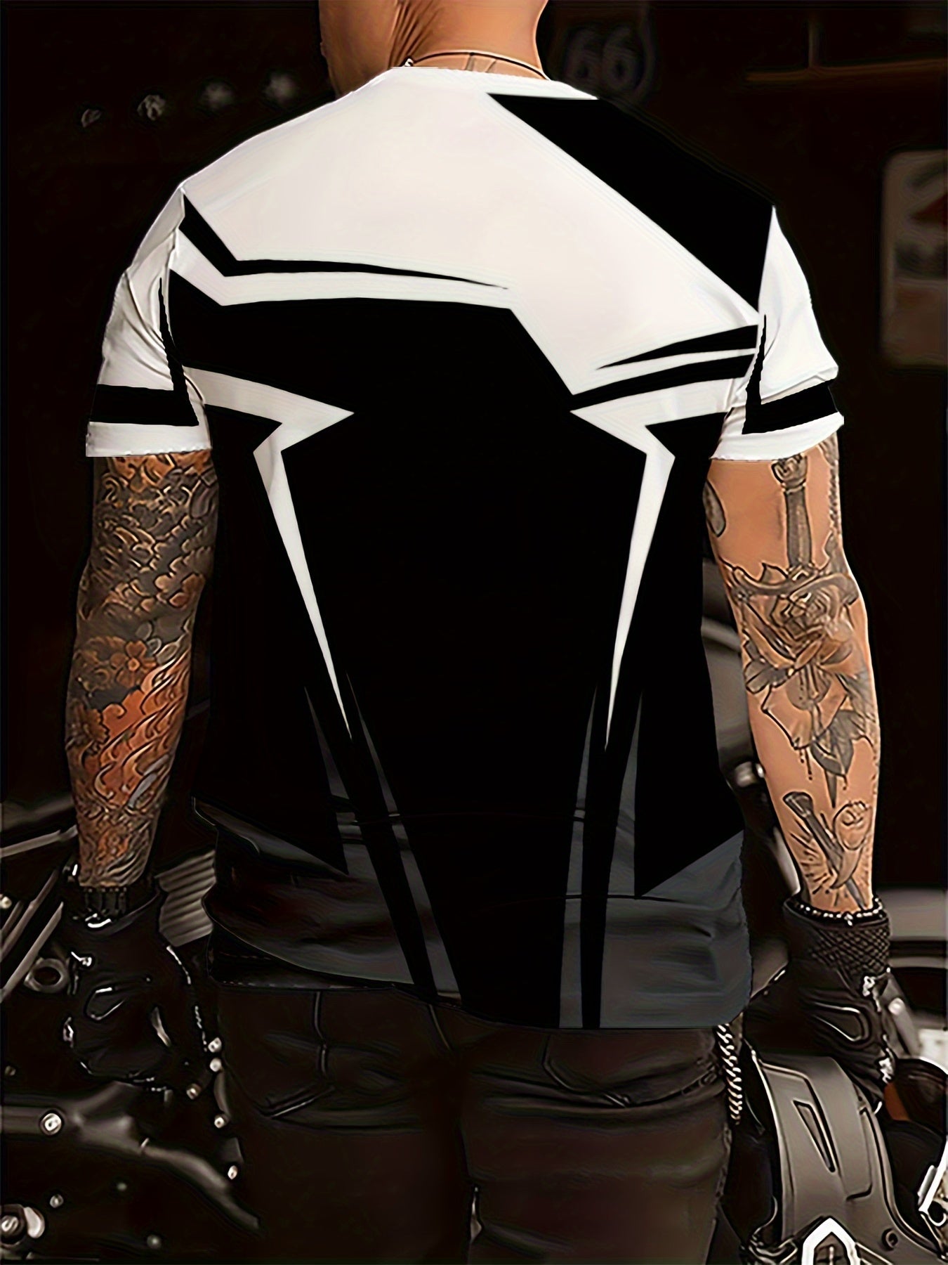 Men's Geometric Patchwork T-Shirt - Black & White Contrast Design, Breathable 100% Polyester, Regular Fit Casual Summer Tee, Machine Washable