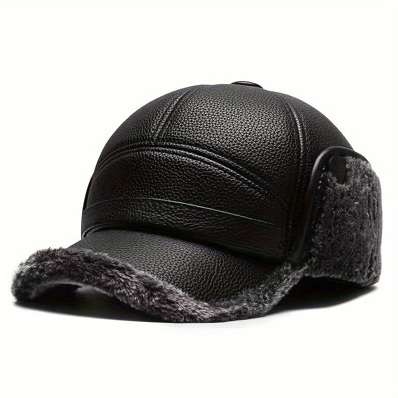 Street Style Men's Winter Cap with Ear Warmers, Faux Leather Earflap Hat for Elderly, Warm Duckbill Cap for Cold Weather