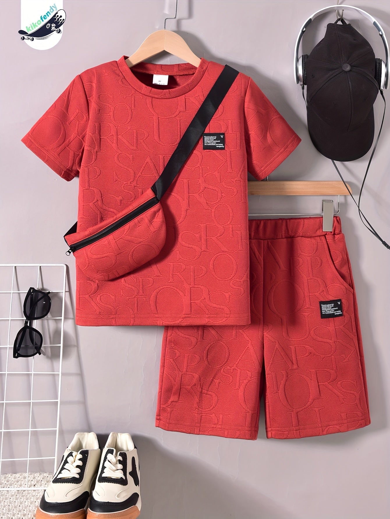 Boys' Stylish White Short Sleeve T-Shirt + Casual Shorts + Fashion Crossbody Bag Set, Perfect for Outdoor