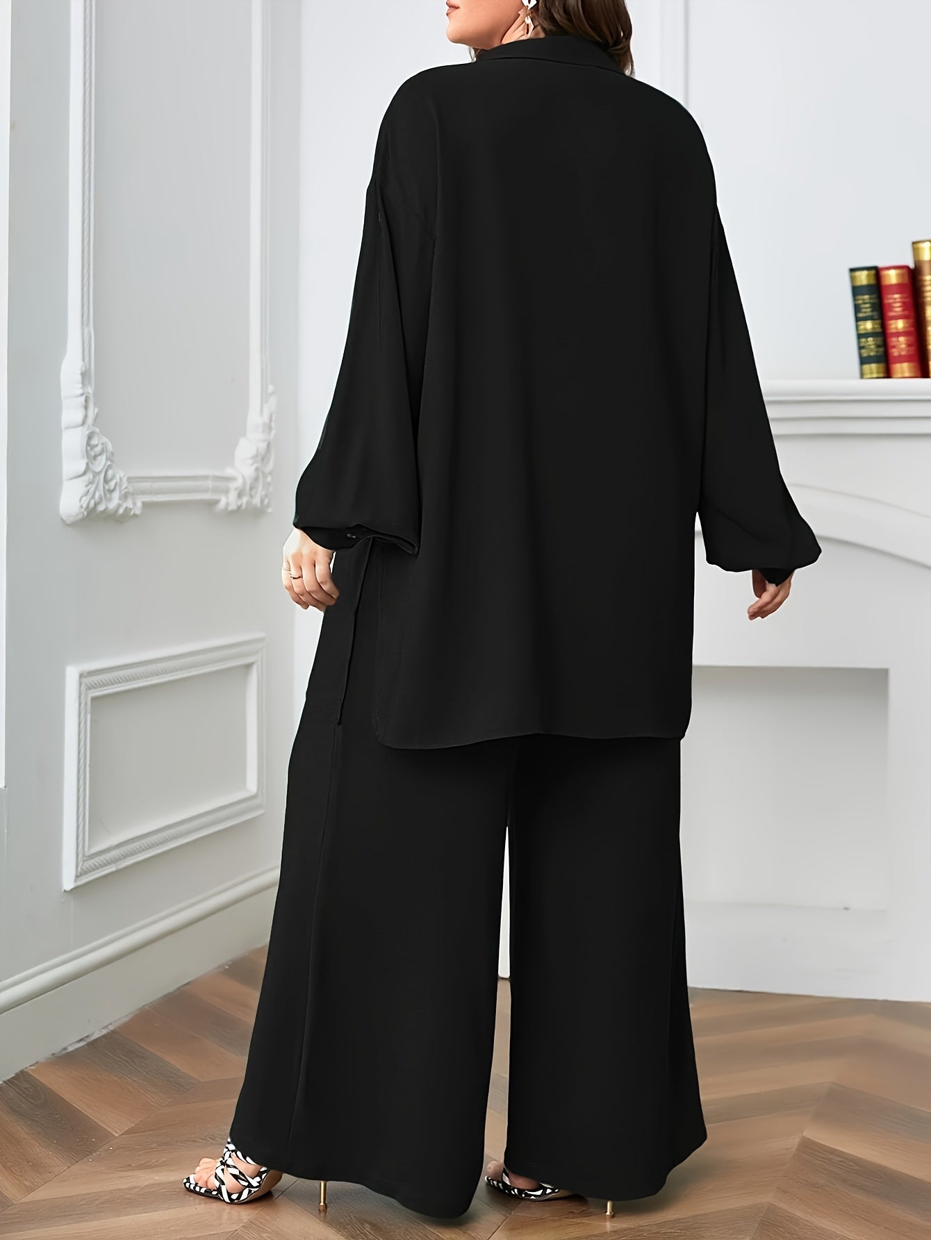 Elegant Plus Size Women'S Two-Piece Set: Stylish V-Neck Blouse & Wide Leg Pants - Perfect for Formal Occasions, Plus Size Blouses