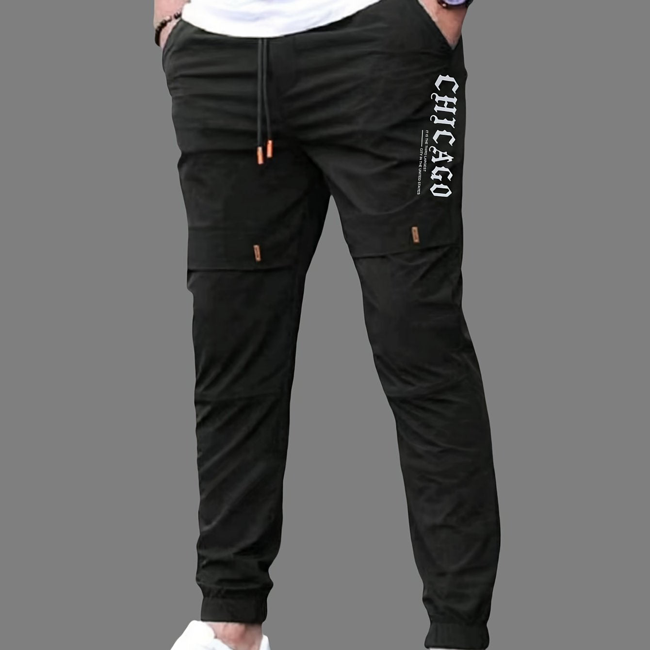 Men'S Casual Drawstring Joggers, 100% Polyester Non-Stretch Woven Fabric, All-Season Regular Fit Trousers with Alphabet Print Detail, Fashionable Workwear Style