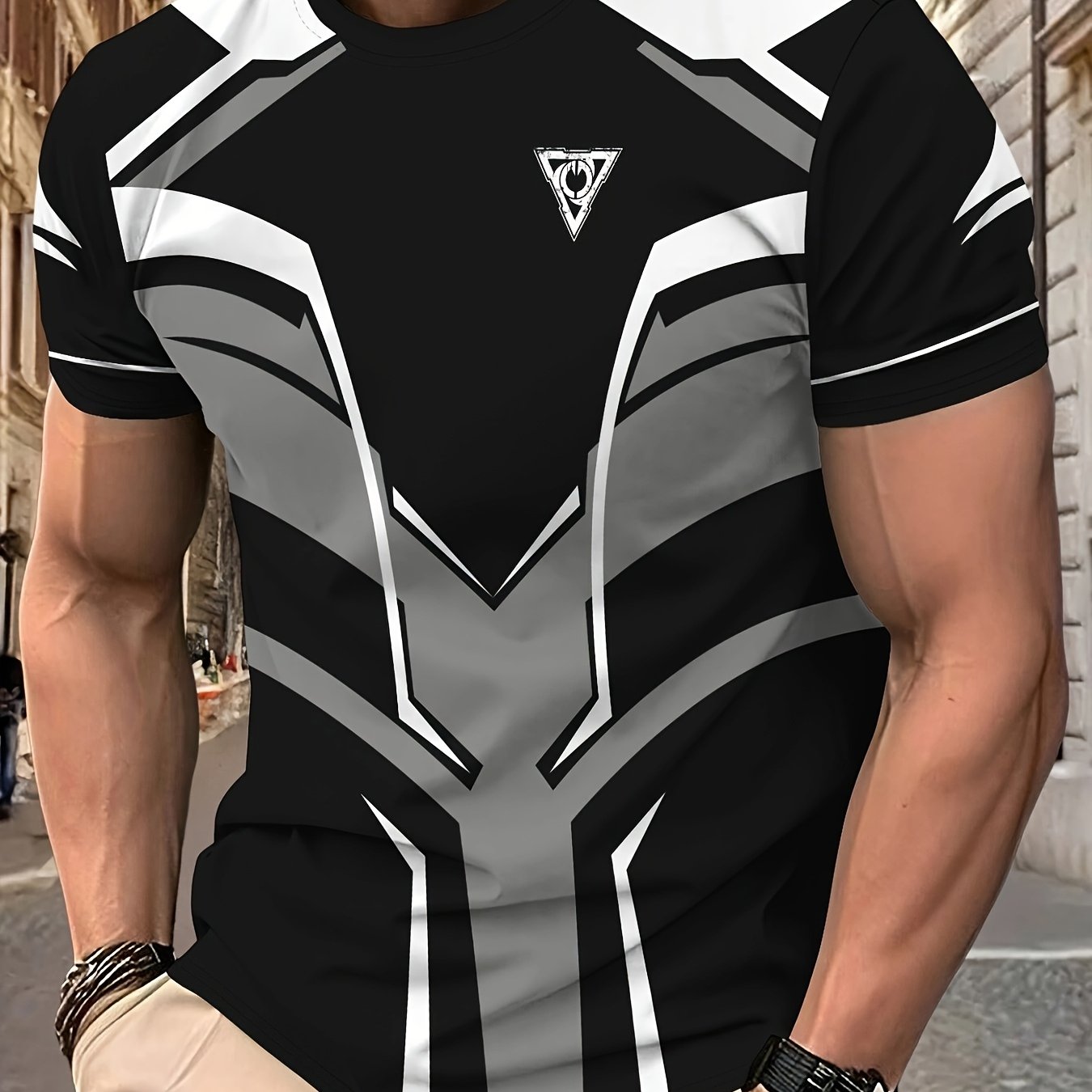 Men's Lightweight Summer T-Shirt - Black/White Print Tee with Modern Angular Lines - Breathable Fabric for Everyday & Formal Outfits - Casual Crewneck Shirt for Hot Weather, Summer T Shirts, Stylish Streetwear, Nontransparent