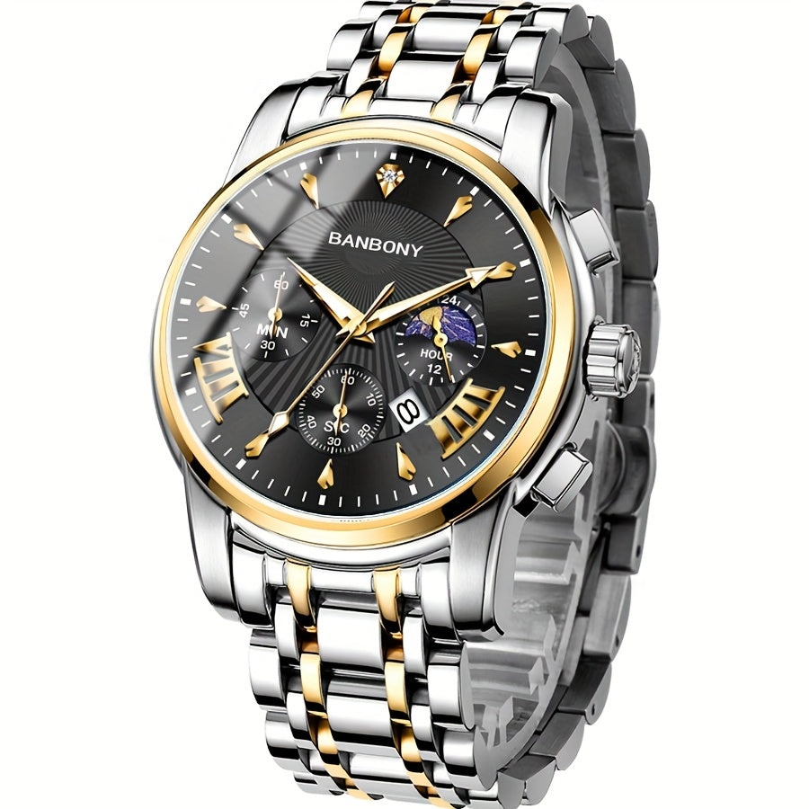 BANBONY Automatic Quartz Watch for Men & Women - Stainless Steel Strap, Blue & Golden HD Large Dial, IPX7 Waterproof, Rhinestone Accents, Date Calendar, Luminous Hands - Casual Fashion Unisex Watch for Birthday Holiday Gifts,