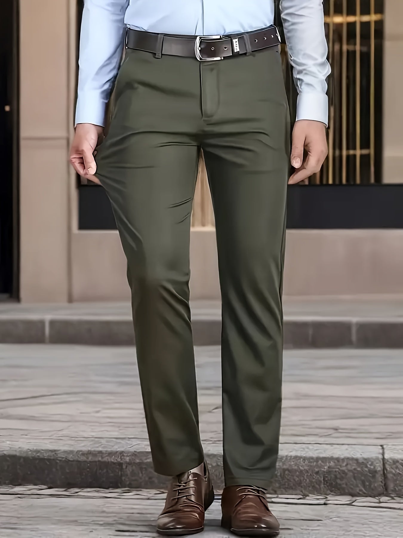 Men's Classic Business Dress Pants, Solid Color Casual Trousers, 100% Polyester, Regular Fit, with Zipper Fly, for Daily Wear and Gifting, All-Season, Allseason Trousers | Notch Lapel Design | Polyester Trousers