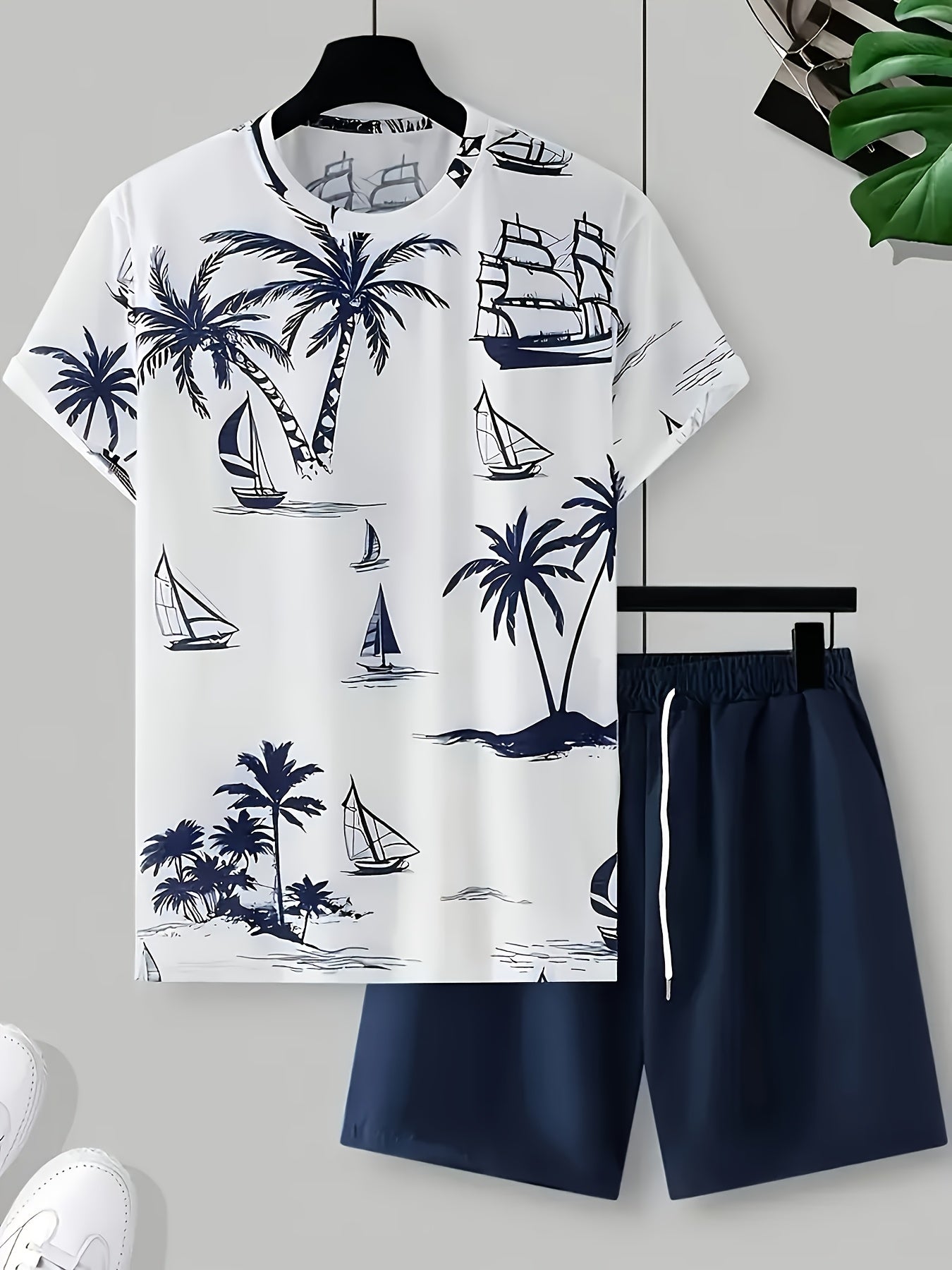 Men's 2025 Summer New Short Sleeve Shorts Set: Beach Casual 3D Coconut Tree Print, 2pcs Fashionable Palm Pattern T-Shirt and Shorts with Slight Stretch Polyester Knit Fabric, Slim Fit for Outdoor Activities & Family Gathering