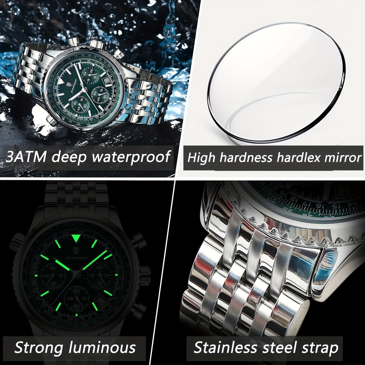 Berda Tomato Business Dominant High-end Luxury Stainless Steel Watch Waterproof Luminous Calendar Quartz Men's Watch, POEDAGAR