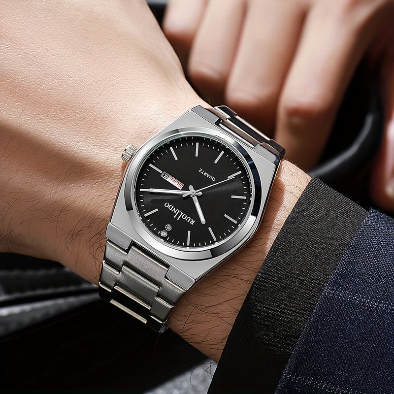 Business Casual Watch | Unisex Slim Quartz Watch | Stainless Steel Band | Date & Day Display | Durable Alloy Case | Elegant Pointer Design | Ideal for Office & Casual Wea