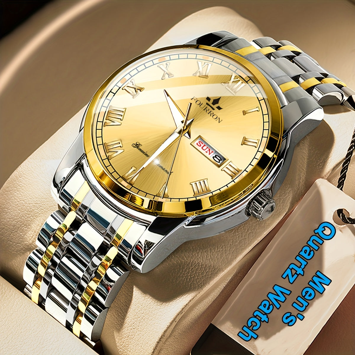 FOURRON Men'S Quartz Watch - Stainless Steel Band, Roman Numerals, Luminous, Waterproof, Ideal for Birthday & Holiday Gifts