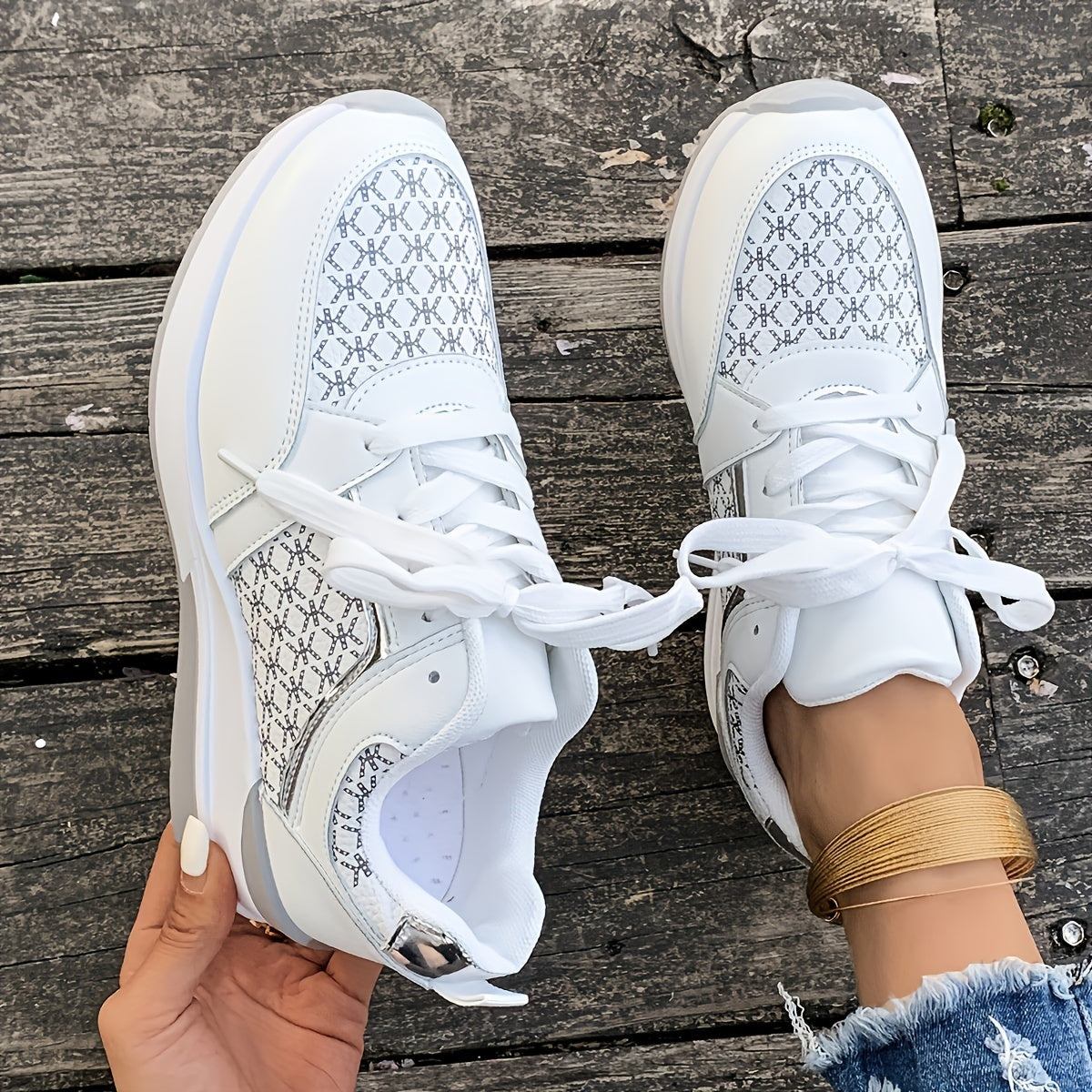 Women'S Plus Size Casual Sneakers - White Synthetic Cover Low-Top Lace-Up Shoes with Golden-Tone Accents, EVA Sole & Breathable Fabric Lining for Summer Comfort, Ladies Sneakers, Comfortable Footwear, Durable Footwear