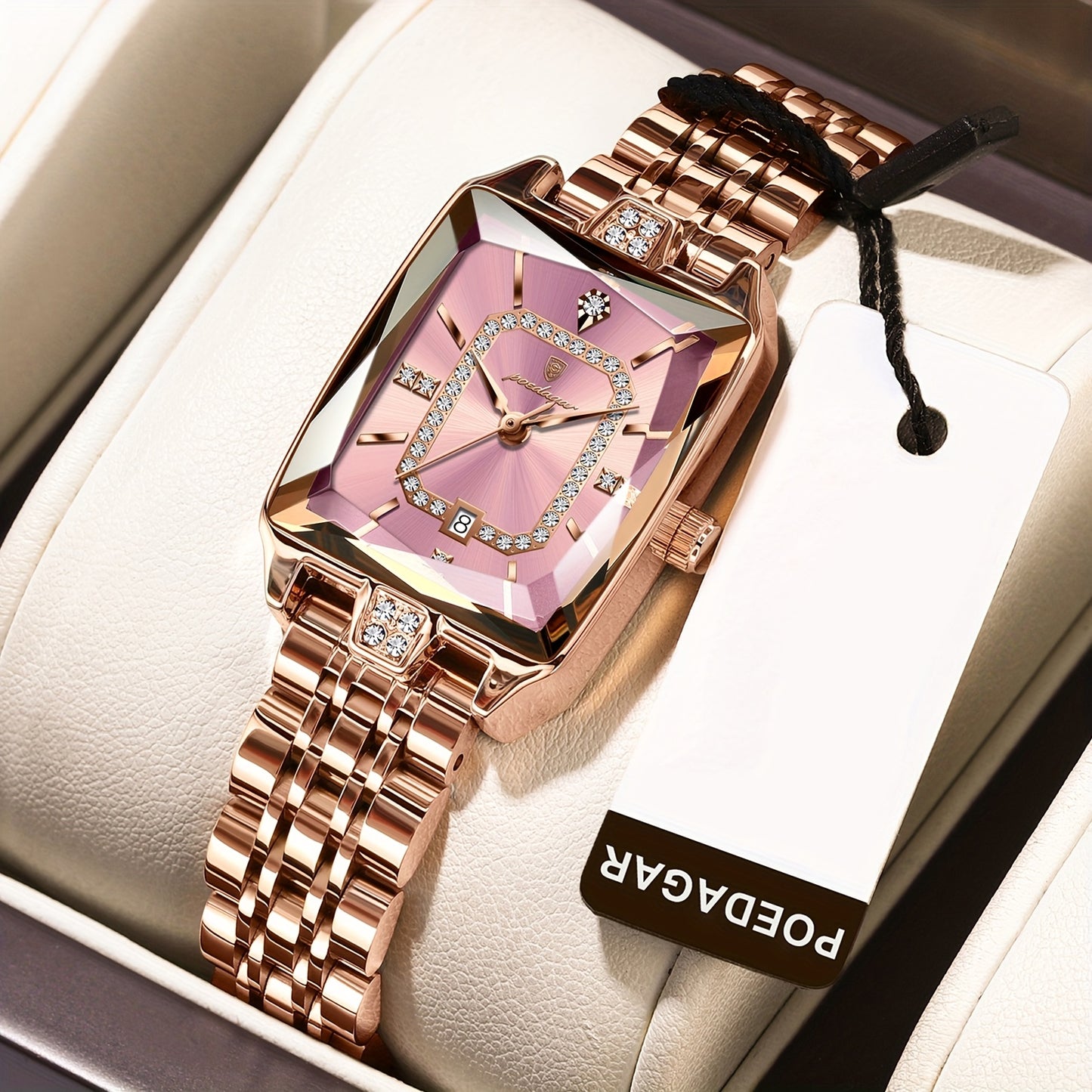 POEDAGAR Elegant Women's Quartz Watch - Rose Golden Stainless Steel, (3ATM), Square Dial with Gemstone Accents, Date Display, Luxury Fashion Accessory for Casual or Formal Occasions