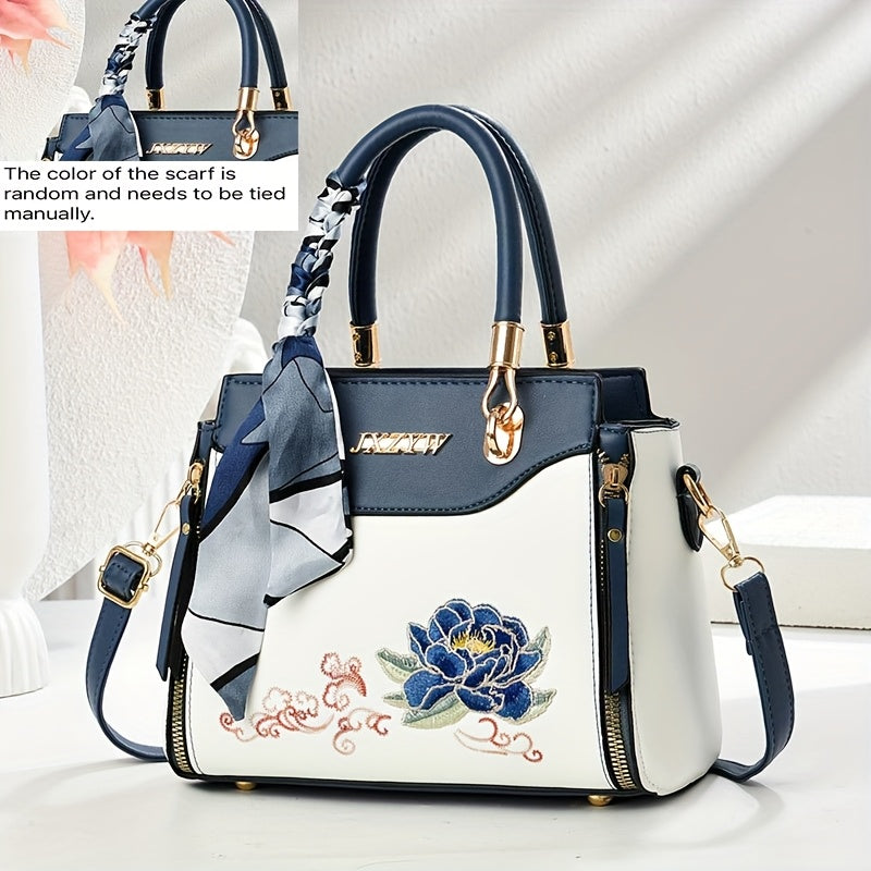 JXZYW Women'S Floral Embossed Large Capacity Tote Bag - Stylish White Shoulder Handbag with Golden-Tone Hardware, Black Handles & Floral Design for Commuting, Shopping, and Casual Outings, Versatile Carryall, Sophisticated Ac