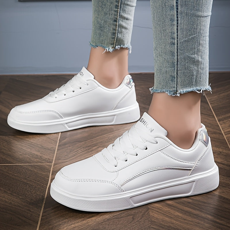 Youngsters' Fashion Sneakers - White PU Upper with Golden Accents, Comfortable & Lightweight Casual Running Shoes for Boys and Girls, All-Season Wear, Low-Top Lace-Up Design, Outdoor Youngsters's Footwear | Fabric Lined Inter