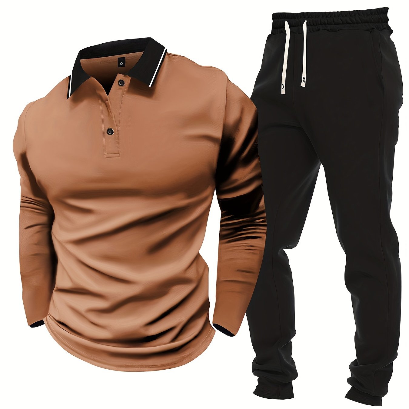 Men's Casual Color-Block Long Sleeve Button-Up Shirt & Drawstring Joggers Set - Polyester Blend, Pockets Included, Perfect for Spring/Fall