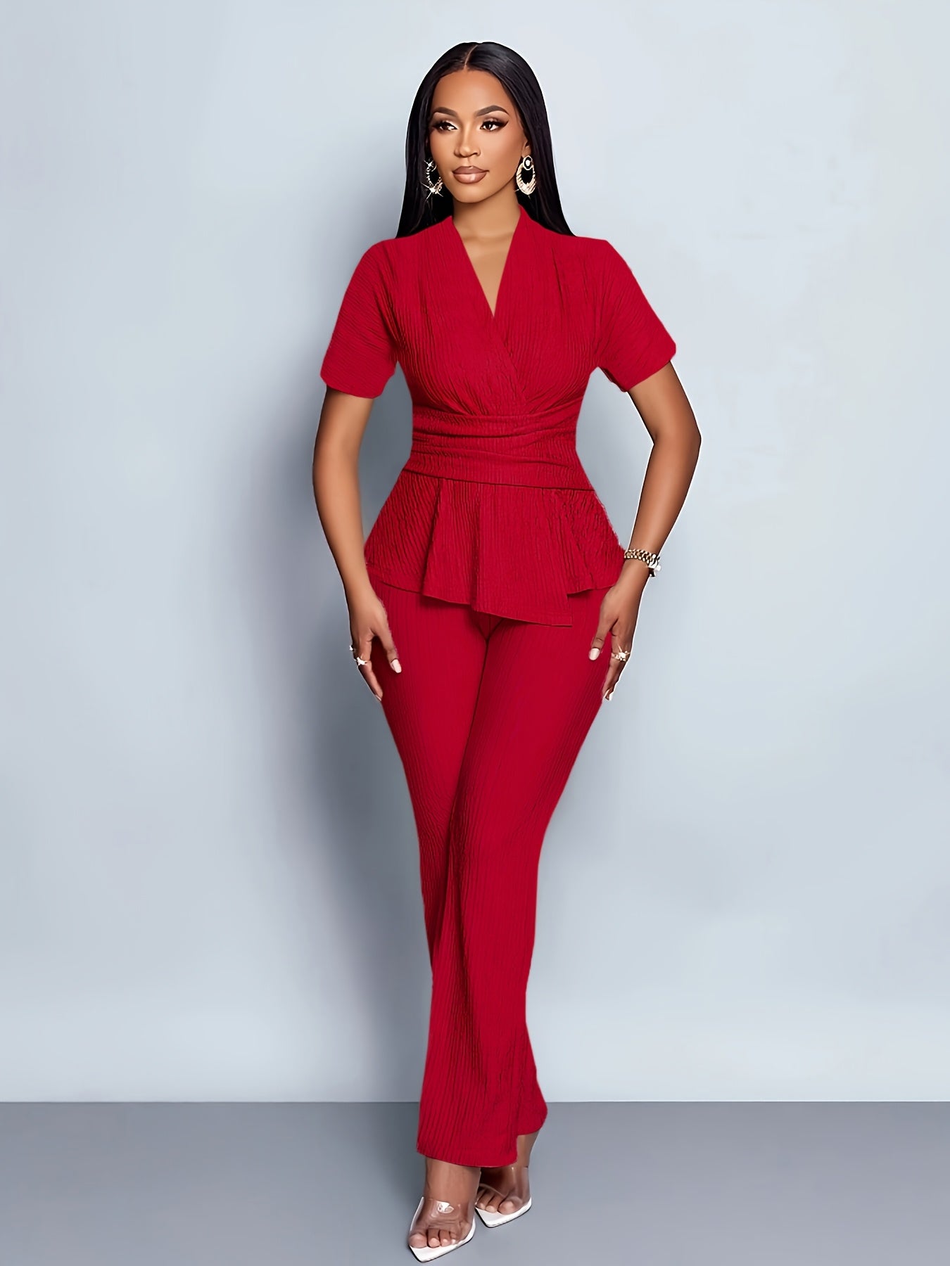 Women'S Elegant Casual Solid Color Textured Jumpsuit - Stylish Short Sleeve Top & Wide-Leg Pants, Perfect for All Seasons, Casual Attire|Textured Jumpsuit|Casual Style
