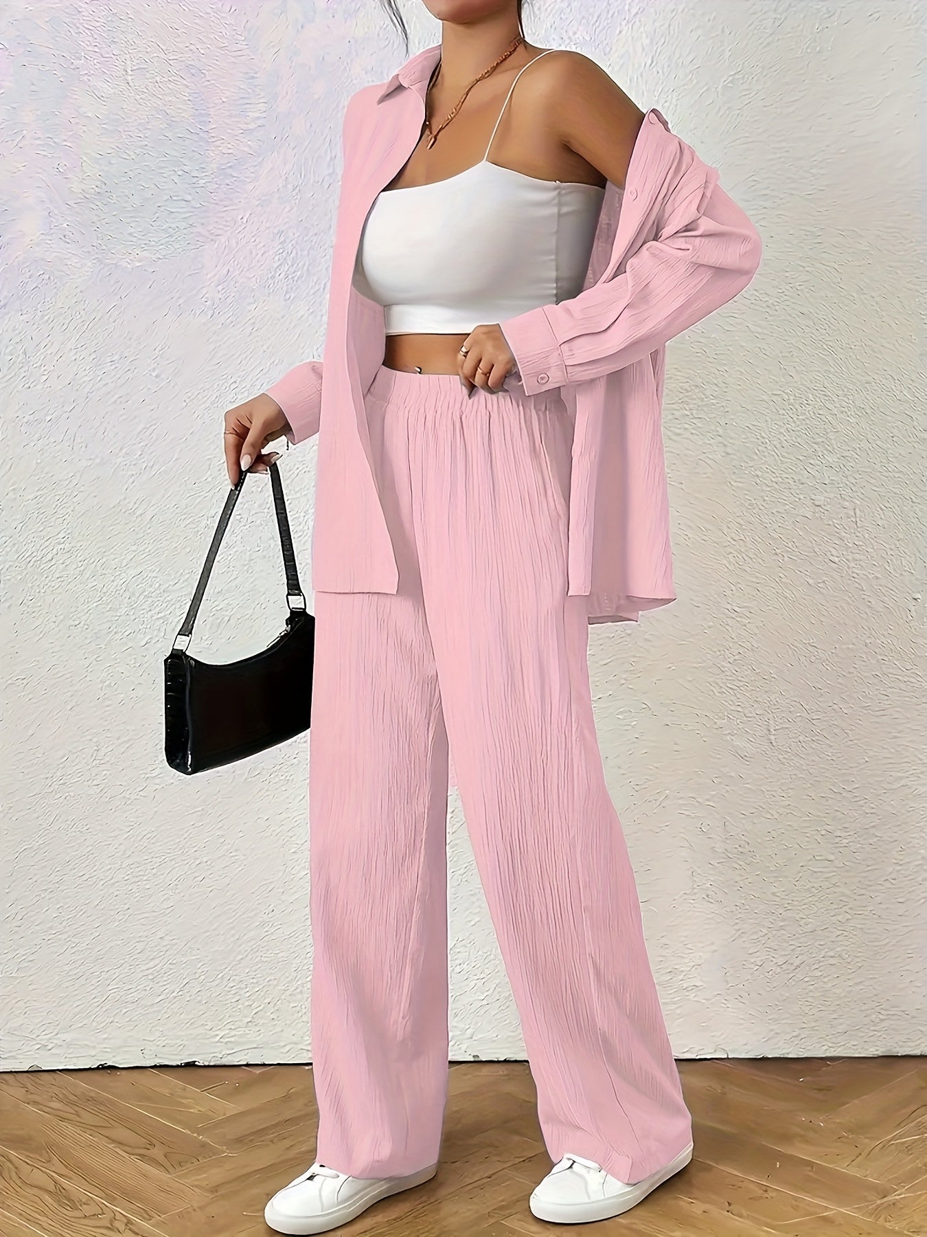 Women'S Casual Solid Color Long Sleeve Shirt + Long Pants 2pcs Set for Spring And Autumn.