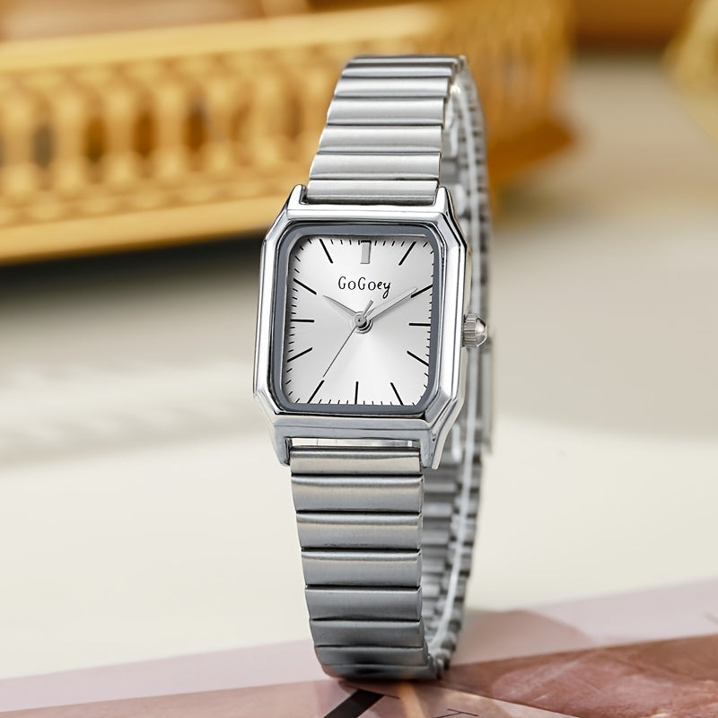 1pc Women Gold Stainless Steel Strap Fashion Square Dial Quartz Watch, for Daily Life, Holiday gift