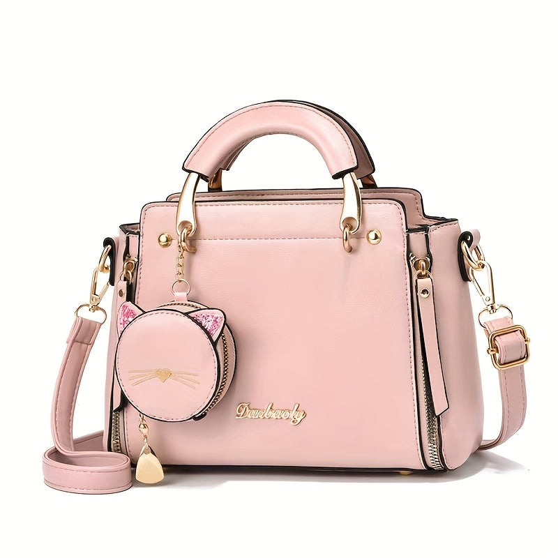 Women'S Fashion Cat Head Handbag, 2025 Trendy Shoulder Bag with Zipper Closure, Polyester Lined, Painted Edges, Versatile Solid Color - White, Red, Black, Pink, Khaki, Grey, Blue, Green, Purple, Light Blue