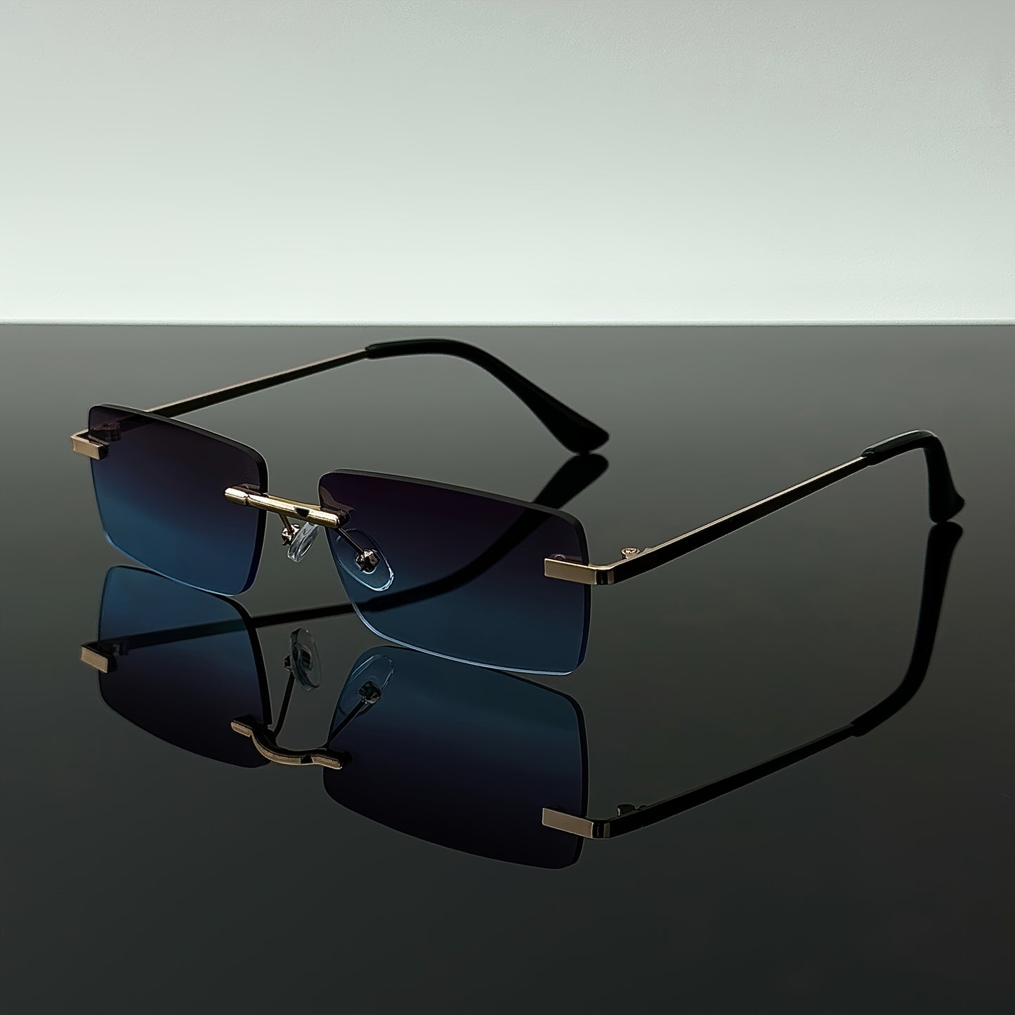 1 Pair of Men'S Metal Rectangular Rimless Glasses - Stylish Black Stainless Steel Frame with Blue-Tinted Lenses for Casual Streetwear, Parties & Gathering