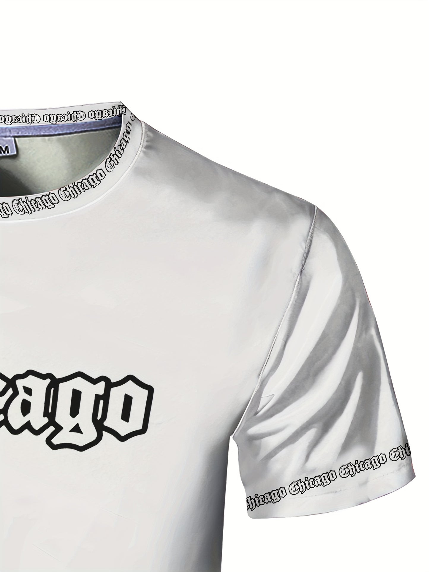 Men'S Chicago Print T-Shirt, Polyester-Spandex Blend, Crew Neck, Short Sleeve, Geometric Pattern, High Stretch, Tear Resistant, Sports & Casual Style, Summer Fit Top for Training, Yoga, Hiking & Festive Occasions