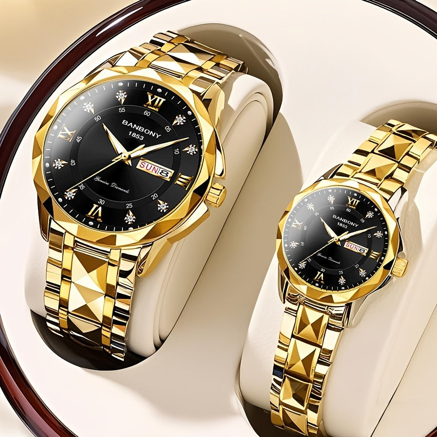 2pcs Couple Watch BANBONY Brand Trendy Fashion Men's and Women's Quartz Watch Stainless Steel Strap with Rhinestone Luminous High-definition Disc Waterproof Night Light Display Week Calendar Display Wristwatch Holiday Gift fo