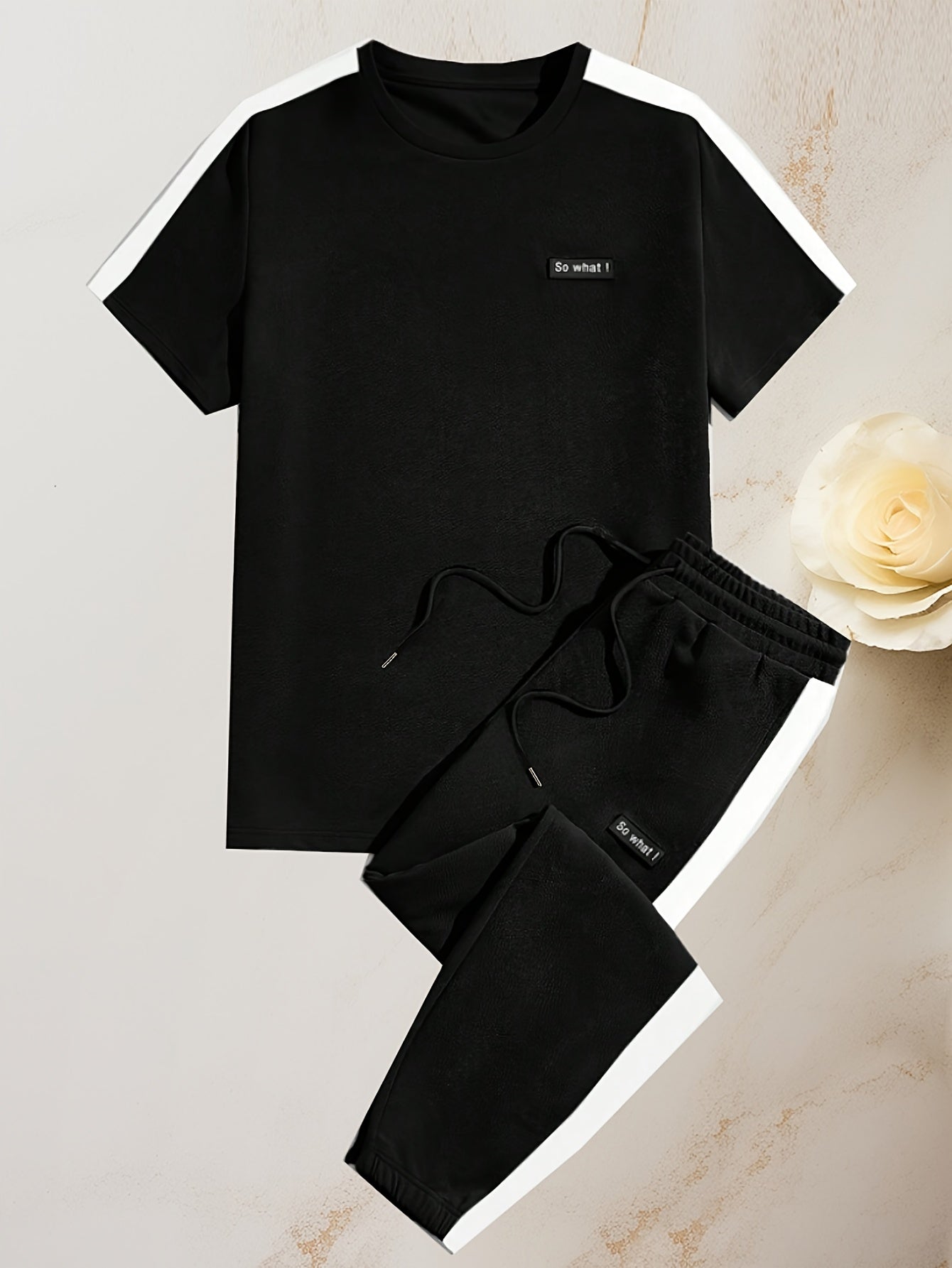 Men's Summer Sports Casual Set with Round Neck T-Shirt and Drawstring Pants Fashion Patchwork Breathable Quick-Dry Top and Bottoms Outfit