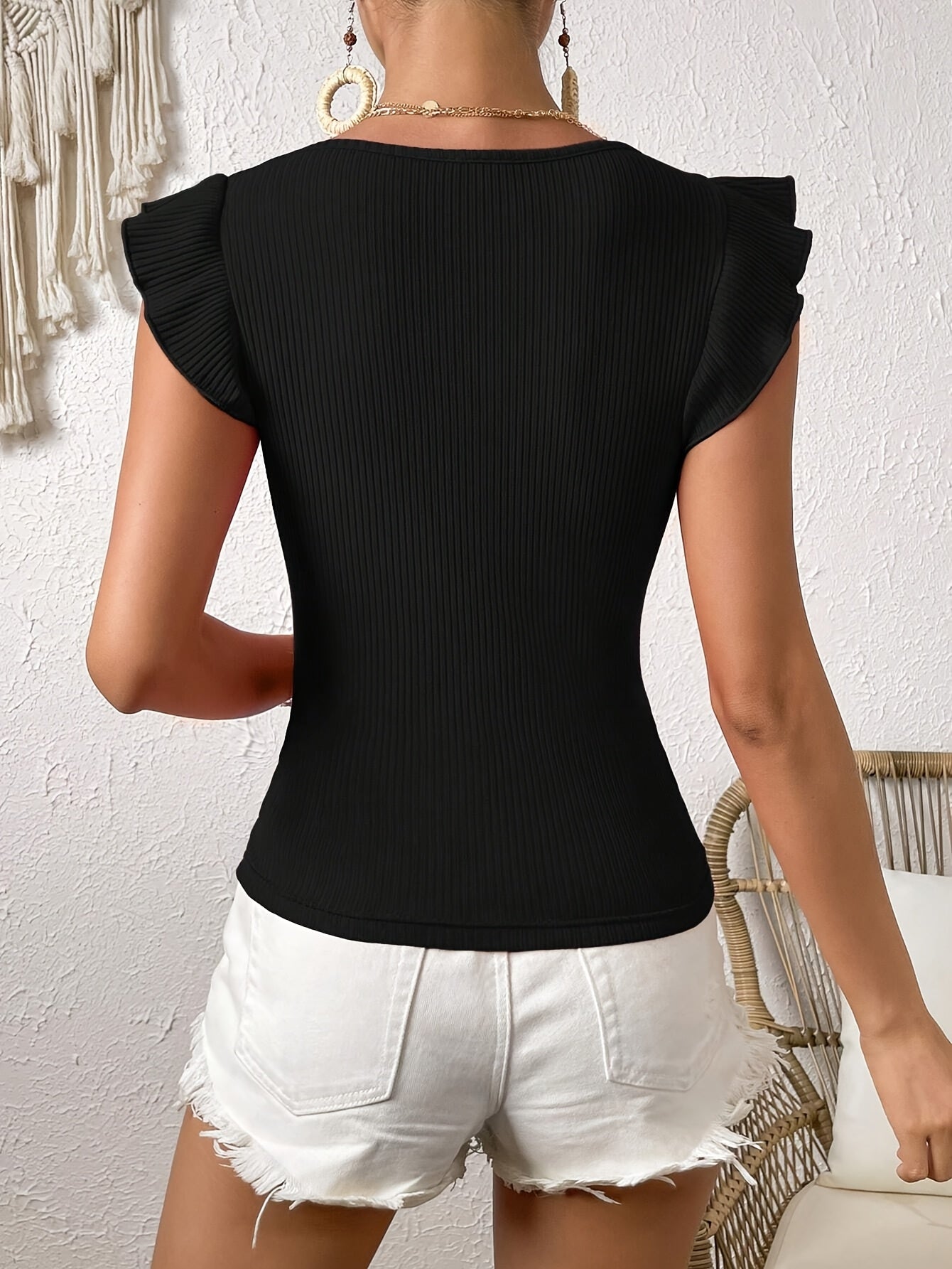 Women'S Elegant Ruffle Square Neck T-Shirt, Solid Color Knit Polyester Top, Medium Stretch Skinny Fit, Regular Length Casual Tee for Spring/Summer